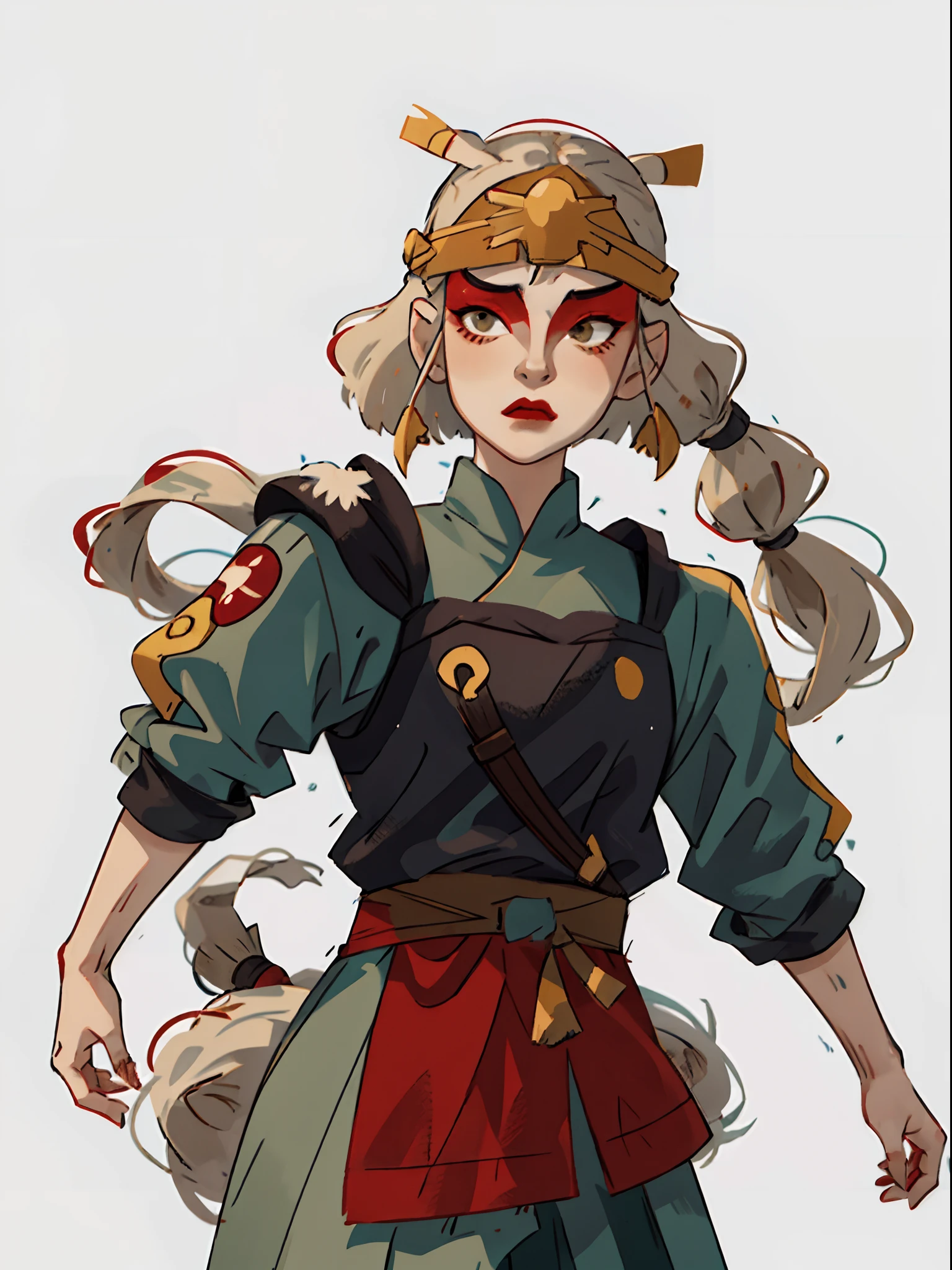 (masterpiece:1.2, best quality), (real picture, intricate details), 1lady, solo, upper body, casual, long hair, heavy makeup, white face, red lipstick, red eyeshadow, natural fabrics, close-up face, serious, warrior, female warrior, armour, really long light platinum blonde hair, platinum blonde voluminous hair, cute bangs, hair bangs, bangs between eyes, soft bangs on forehead, green eyes, mature face, 1female, 1woman, 1beautiful girl, Kyoshi uniform, Kyoshi makeup, Kyoshi Warrior (Avatar the Last Airbender)