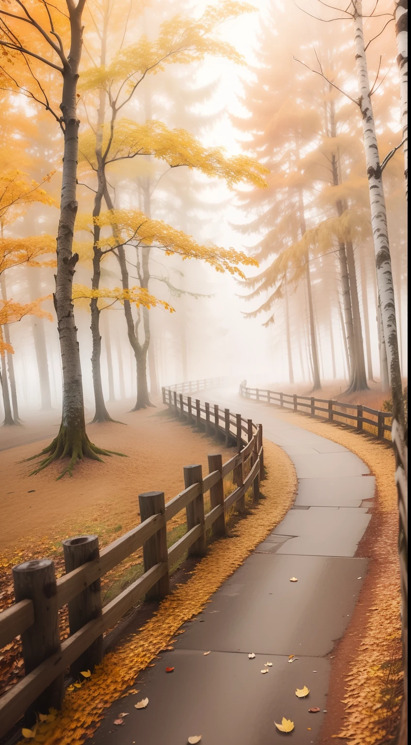 autumnal, See the sunrise,See the light, fog atmosphere,In the woods,Birch,White bark, Yellow leaves,The ground is covered with fallen leaves, There are small squirrels on the ground,Boardwalk, Natural scenery, real footage, Camera shot,f/1.2 Wide angle lens,Low camera position, --Q 2