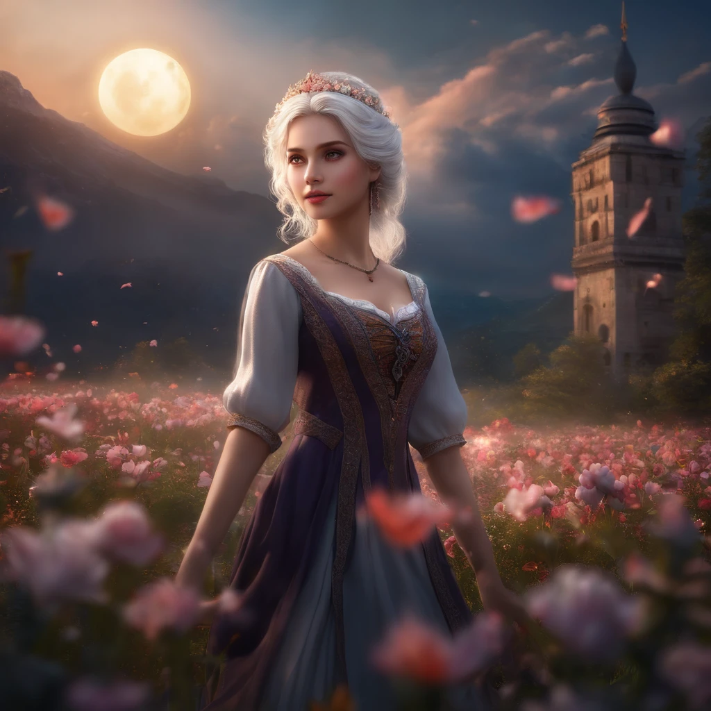 masterpiece, best quality,, 1girl, (colorful),(finely detailed beautiful eyes and detailed face),cinematic lighting,bust shot,extremely detailed CG unity 8k wallpaper,white hair,solo,smile,intricate skirt,((flying petal)),(Flowery meadow), sky, cloudy_sky, building, moonlight, moon, night, (dark theme:1.3), light, fantasy,