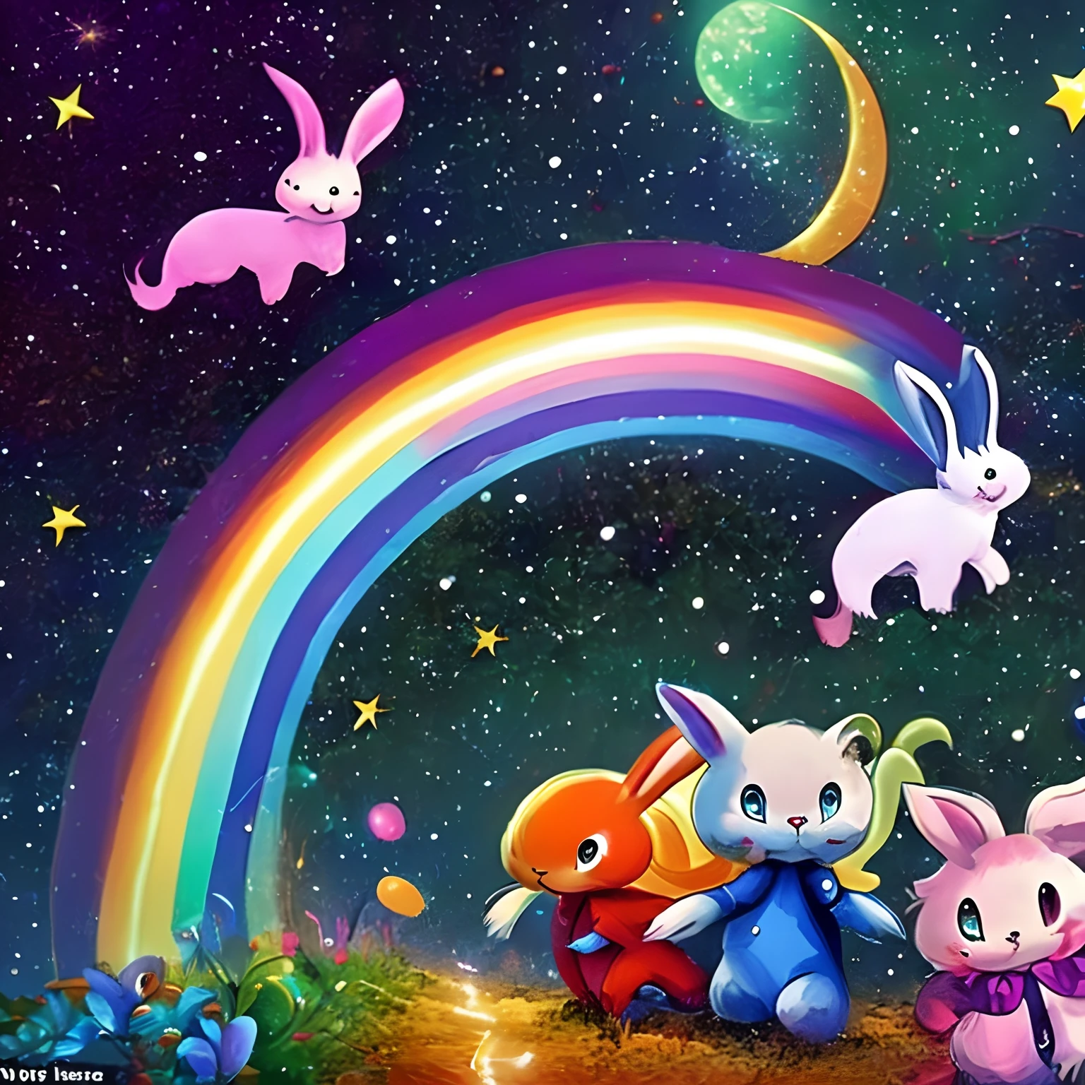 finest image, fantasy, deformed, cute, detailed and delicate depiction, a beautiful big rainbow shining in the night sky, cute small rabbits and squirrels are running around on the rainbow, the background is space, the moon, and shooting stars, professional lighting, anime, manga, illustration