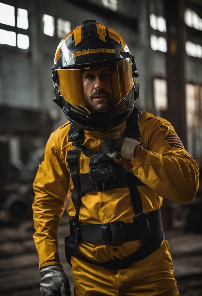 UM HOMEM, TECNICO INDUSTRIAL COM CAPACETE OLHANDO PRA FRENTE E GRITANDO