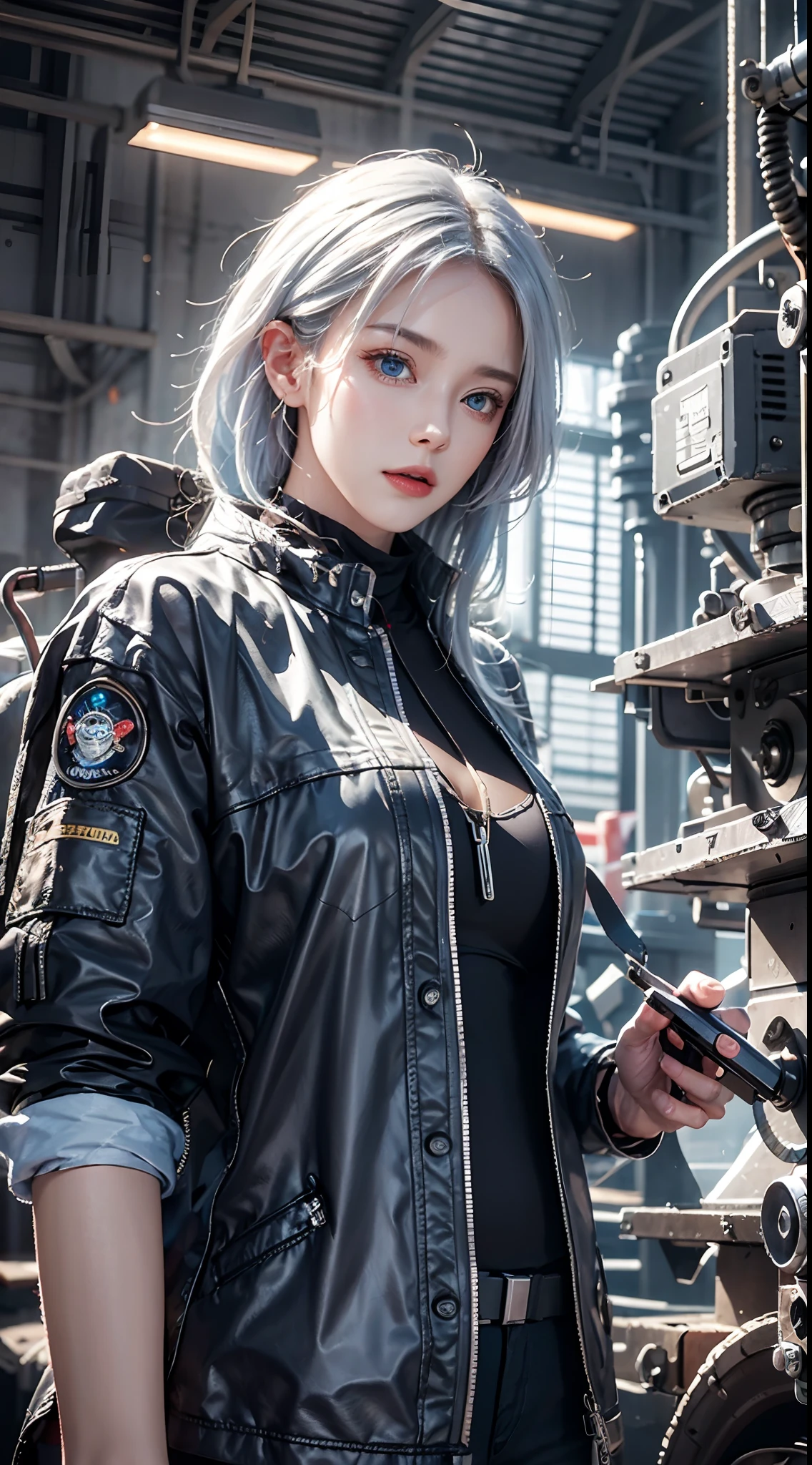 photorealistic, masterpiece, photorealistic, high resolution, soft light, waist up, blue eyes, white hair, long hair, color leather vest with gears, techwear, jetpack, workshop in background, machines, gears, steam, industry, technology, furnace, grime, anvil, buttons, levers, automaton, electricity, electric sparks epic atmosphere
