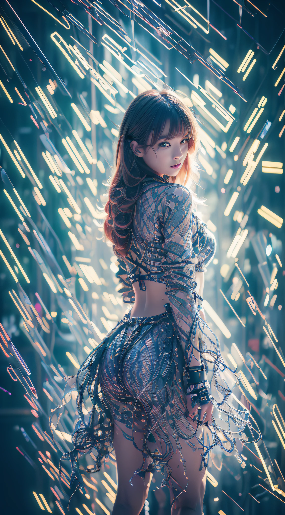 offcial art，统一 8k 壁纸，ultra - detailed，Beauty and aesthetics，tmasterpiece，best qualtiy，（zentangle，datura，Tangles，entangled），（s fractal art：1.3），1 Girl with her back to her，The is very detailed，dynamic angle，cowboyshot，The most beautiful form of chaos，Elegant，Fauvist design，vivd colour，romanticism lain，James Jean，Robbie Devi Antono，ross tran，Francis Bacon，Michal Mraz，adrian ghenie，petra cortright，Gerhard Richter，Takato Yamamoto，Ashley Wood，Atmospheric，A note of ecstasy，streaming musical notes visible