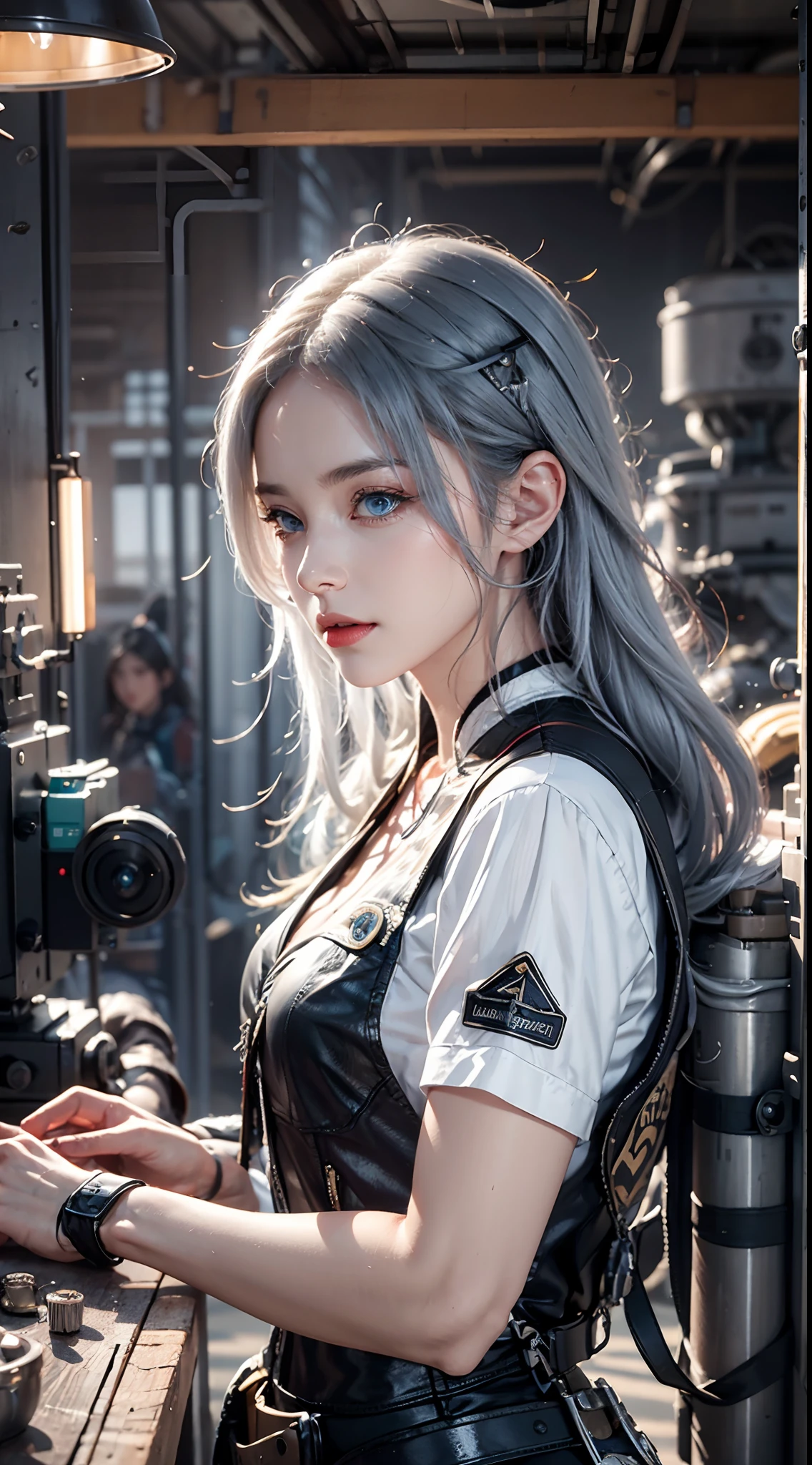 photorealistic, masterpiece, photorealistic, high resolution, soft light, waist up, blue eyes, white hair, long hair, color leather vest with gears, techwear, jetpack, workshop in background, machines, gears, steam, industry, technology, furnace, grime, anvil, buttons, levers, automaton, electricity, electric sparks epic atmosphere