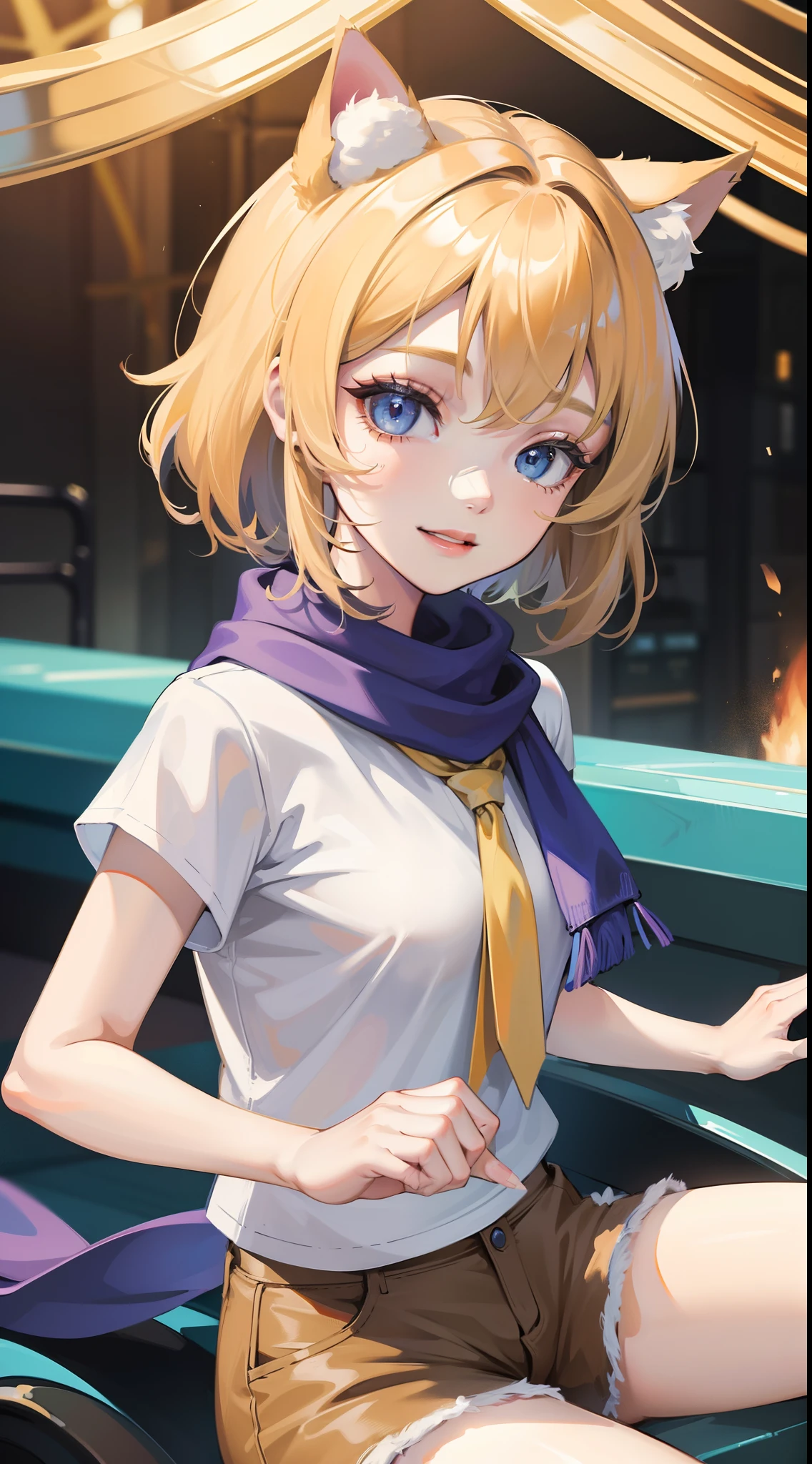 young girl, short blonde hair, cat ears, blue eyes, Smile, white tshirt, brown shorts, a scarf, Masterpiece, hiquality, 4k, HD, Good detail