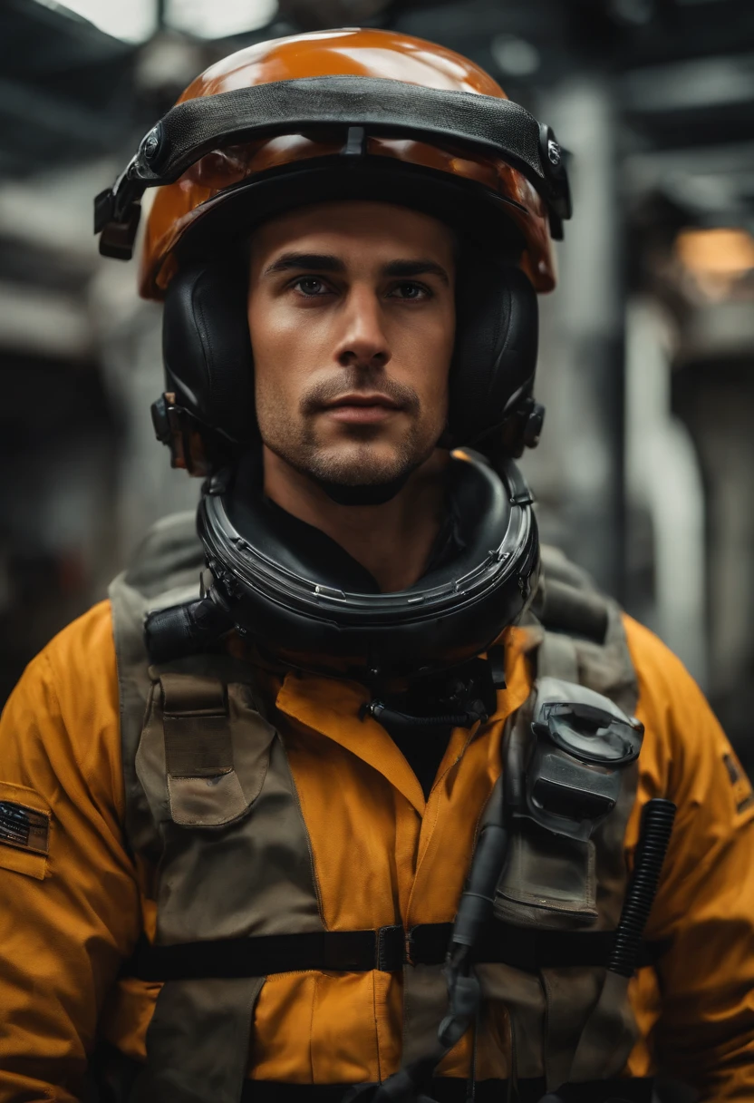 UM HOMEM, TECNICO INDUSTRIAL COM CAPACETE OLHANDO PRA FRENTE E SORRINDO