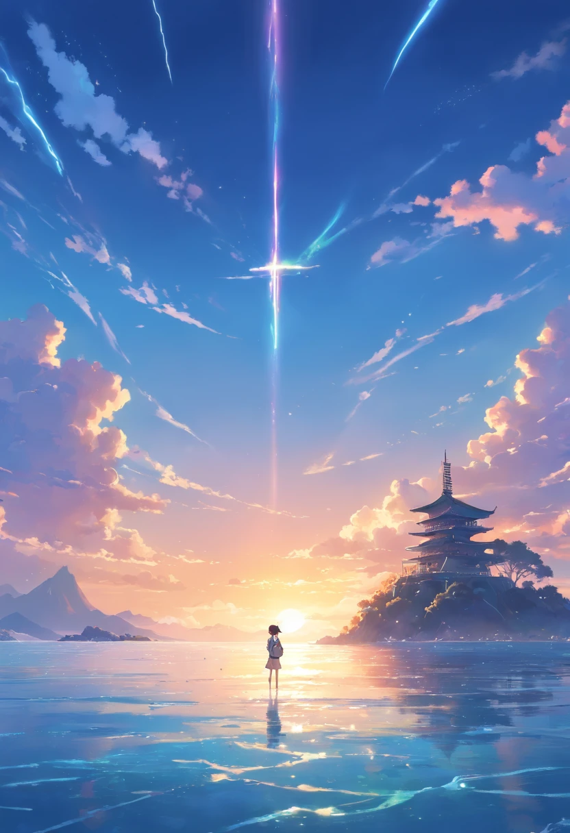 Stand on the skull of a sea beast，Look into the distance，The background is scattered islands，There are various ruins on the island，Overlooking the perspective，Thunder in the sky，Lost relics，first person perspective，top-quality，8K