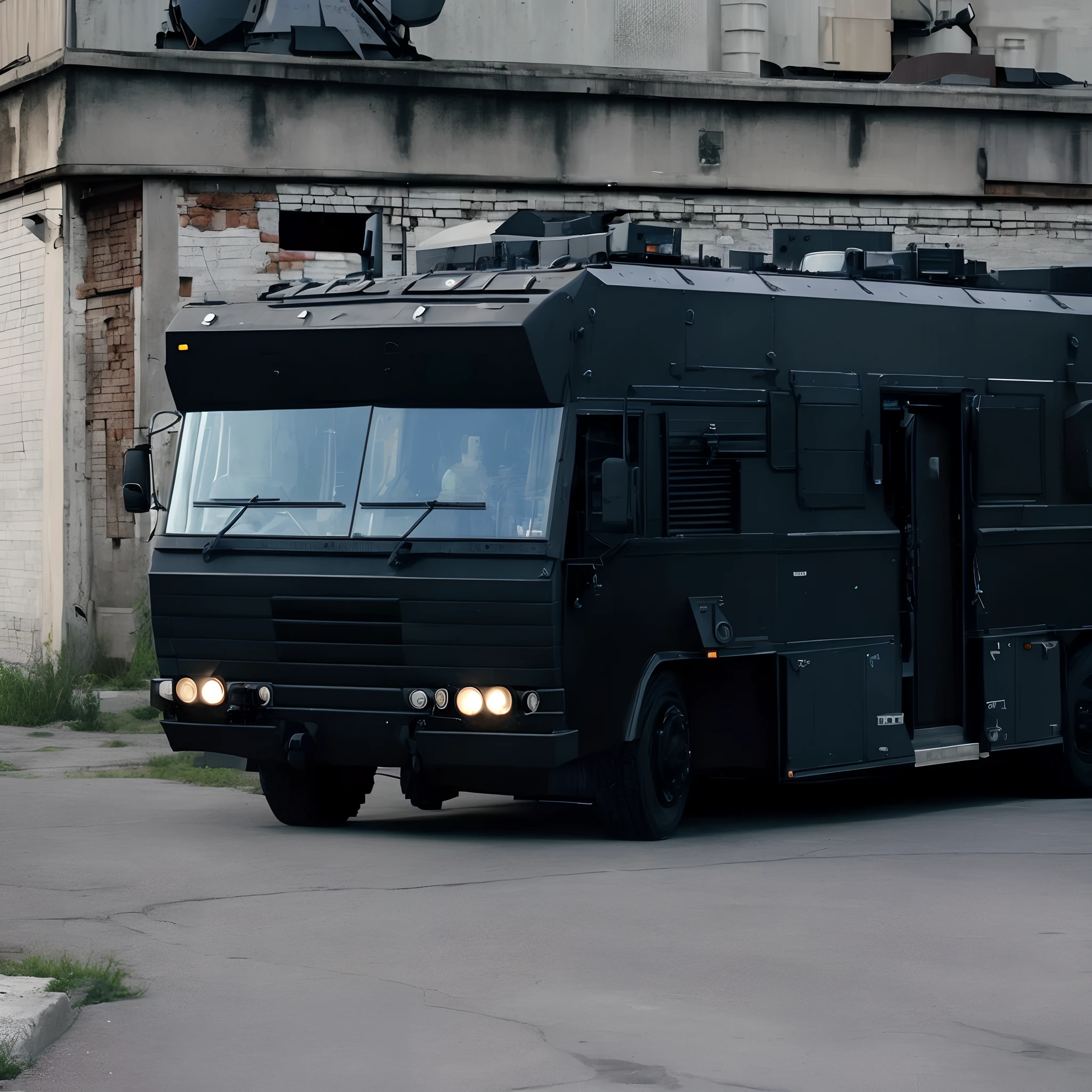 there is a black armored vehicle parked in front of a building, wide-shot, wide - shot, viewed in profile from far away, detailed wide shot, viewed from the side, mid-shot, mid - shot, exterior wide shot, by Peter de Sève, by karlkka, seen from the side, medium long shot, military police