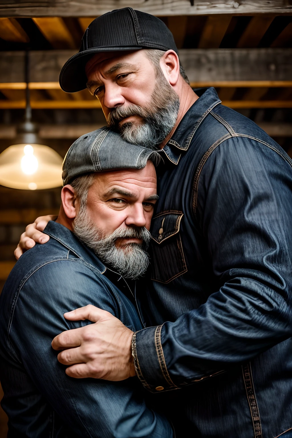 "Create a professional studio-style photograph featuring two middle-aged, burly, and rugged men in lumberjack attire. They have beards, caps, checkered shirts, and worn-out jeans. They are facing each other, their faces almost close, in a romantic and virile scene. Utilize all appropriate lighting techniques for studio photography. The background should be black."