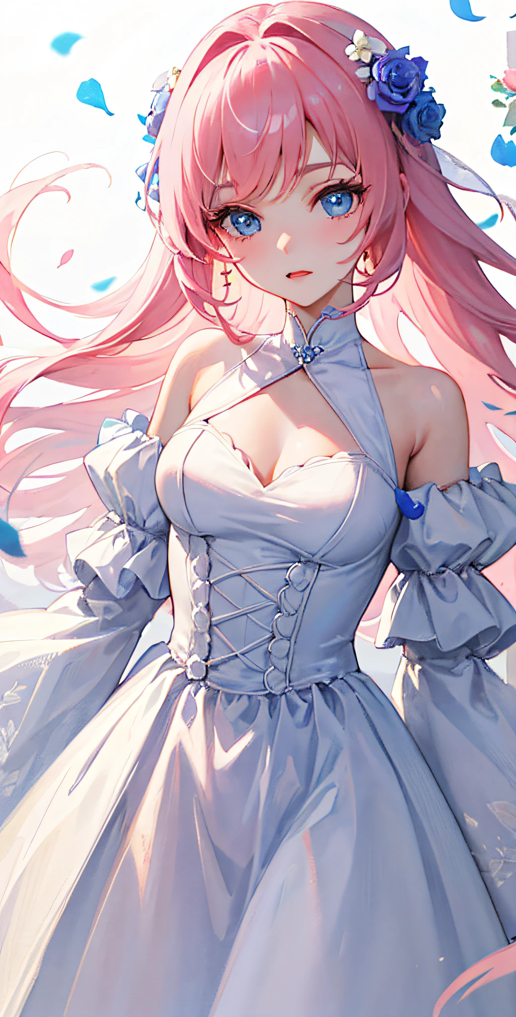 (Highest quality,High resolution,Super detailed,girl),Pink Hair,Height: 160cm,cute,Pink Eyes,Twin tails,Big Breasts,She is wearing a white wedding dress for her wedding,Her eyes are white and shining,Has bright white eyes,Looking at me with a bright face,