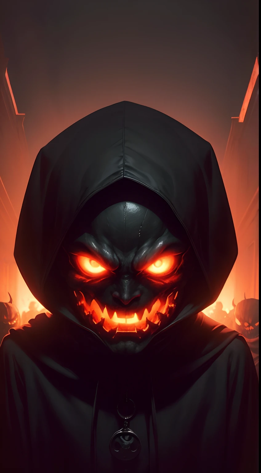 (masterpiece), (image cover), 1600s, a creepy male demonic shadow, pumpkin head, wearing a hood, its dark, glowing red eyes, night time, fall weather, horror, demonic, evil, hell, dark room