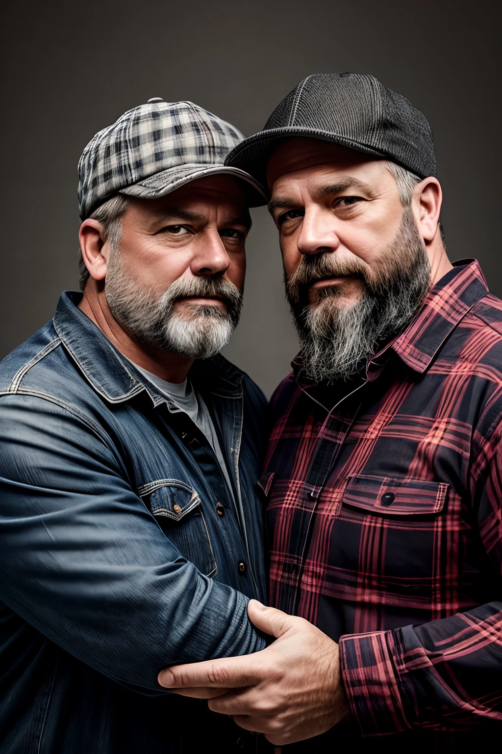 "Create a professional studio-style photograph featuring two middle-aged, burly, and rugged men in lumberjack attire. They have beards, caps, checkered shirts, and worn-out jeans. They are facing each other, their faces almost close, in a romantic and virile scene. Utilize all appropriate lighting techniques for studio photography. The background should be black."