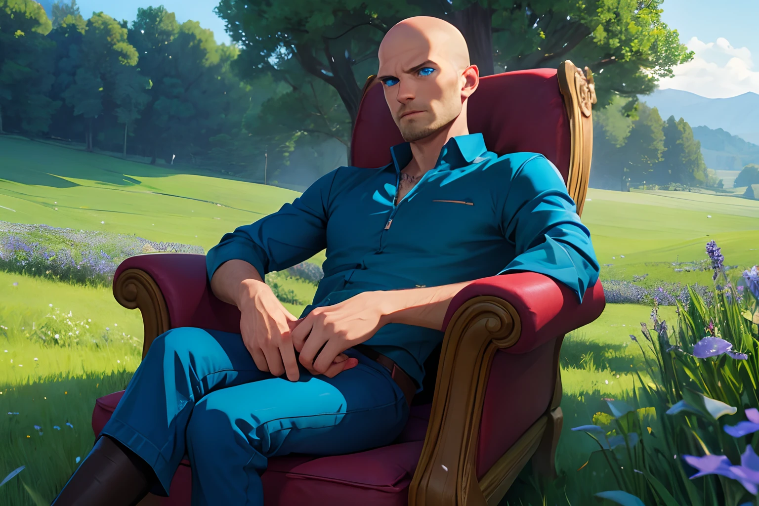 man, blue eyes, thin stubble, balded head, sitting on armchair, meadow, cozy, chillwave