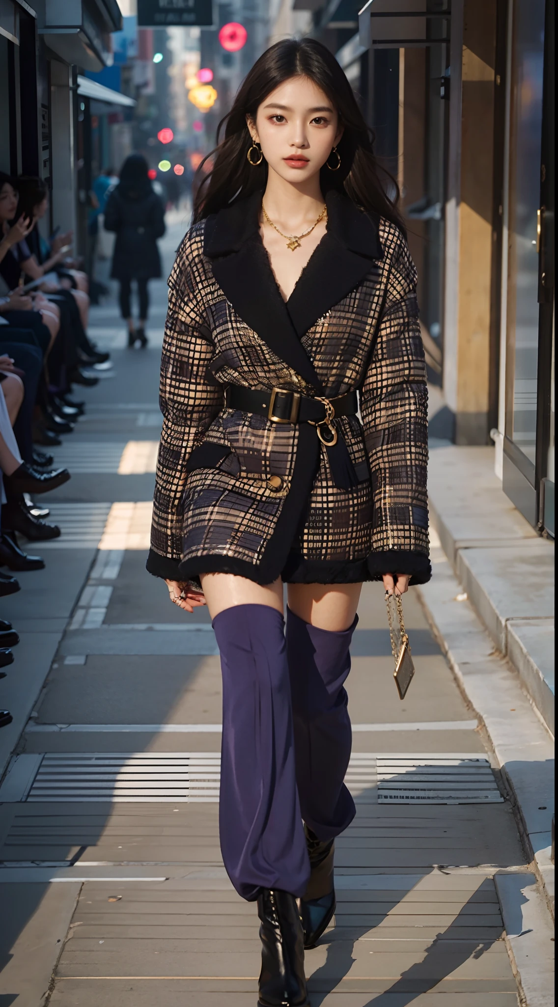 Beautiful 22 year old asian female model walks through NY streets in purple dress and knee-high boots, Fall Winter 2015-2016, Female Model, Oscar de la Renta, Inspired by Alexander McQueen, Fendi, Wearing a detailed purple coat, Inspired by Emiliano di Cavalcanti, Versace, Prada, woman model, inspired by João Artur da Silva、Gorgeous young Korean woman、People looking back at her good looks々、The gaze of many people looking at her、Extremely beautiful face、Gold Gorgeous Face、face perfect、Eye level、Functional、Ron Arad、Transparent translucent medium、limited palette、Woman Core、hight resolution、Minimal refinement、Beautiful young Korean woman、beautiful aesthetic face、Wearing a luxurious necklace covered with a gold frame、Platinum silver texture and shiny earrings、8K、photographed、(realisitic、Photorealsitic: 1.37)、The best and most perfect beauty in the world、very large breast、profetional lighting、a handsome 、beautiful shiny brown long hair、bright long hair with wet shiny silver-beige centering,,,、hight resolution、1080p、studio shoot、Sexy hip line、Bright lighting、(Crisp face)、(Detailed face description)、Rich details、Skin clarity and hydration、Skin texture and detail、Textured、 Hair texture and contrast、beautiful and delicate face、beautiful and delicate eyes、Crisp double beautiful eyes、Skin detail and texture、Hair details and texture、Skin contrast and detail、Lip texture and contrast、Texture and contrast of clothes、Eye texture and clarity、beautidful eyes 、Cutting-edge fashion、Fashionable、High-level images