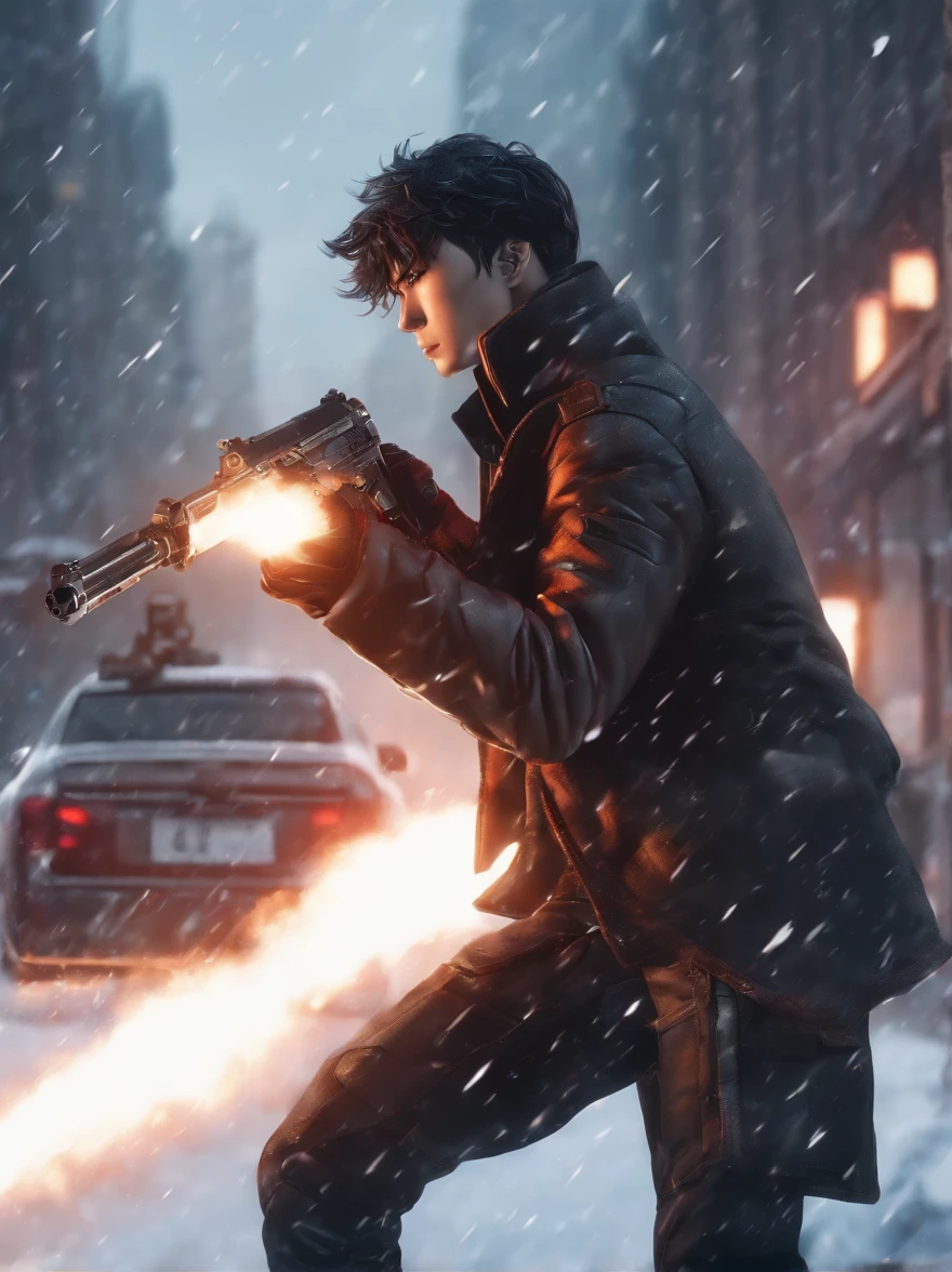 Close-up of a man shooting with a gun in the snow, Zhang Yixing, anime big breast《cyber punk perssonage》, Anime art style trigger, The style of an animated film "red line", Zhang Yixing, screenshot from a 2012s anime, akira anime, Crisp high-quality anime, anime bullet vfx, best anime character design, Anime cyberpunk moderno, modern sci-fi anime