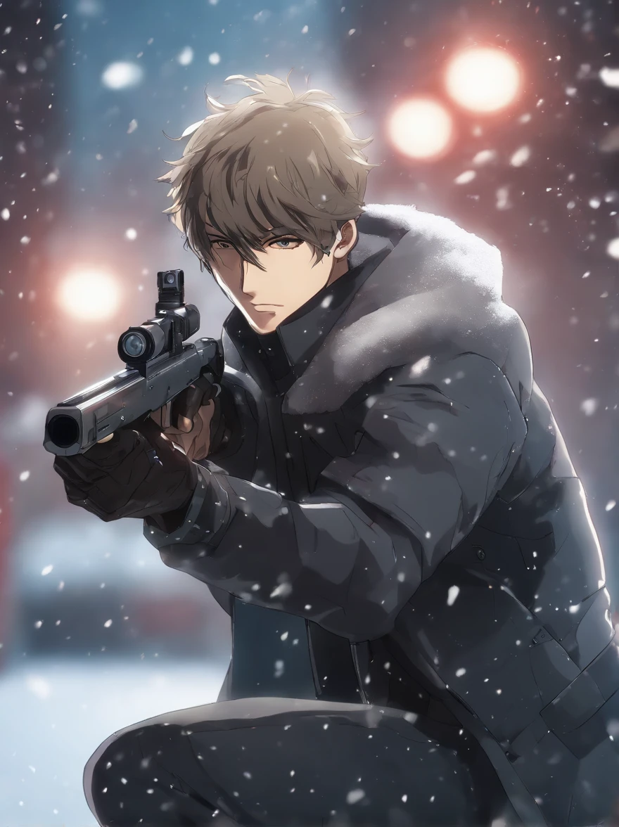 Close-up of a man shooting with a gun in the snow, Zhang Yixing, anime big breast《cyber punk perssonage》, Anime art style trigger, The style of an animated film "red line", Zhang Yixing, screenshot from a 2012s anime, akira anime, Crisp high-quality anime, anime bullet vfx, best anime character design, Anime cyberpunk moderno, modern sci-fi anime