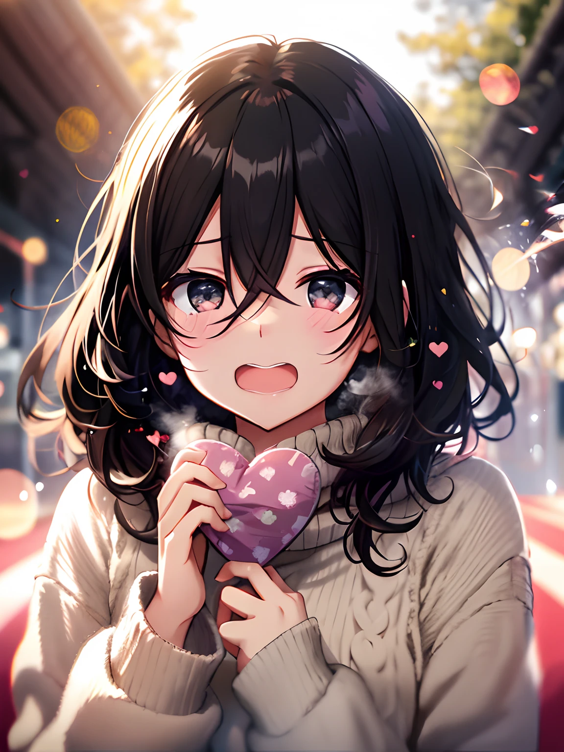 girl with, Black hair, cosy sweater on, Upper body,  (Wide open eyes:1.2), Sun glare, Bokeh, depth of fields, Blurry background, light Particle, strong breeze, (Heart particles:1.1), I'm in so much trouble、Very lonely、very sad、I kept my mouth shut、Hitomi Uruul、