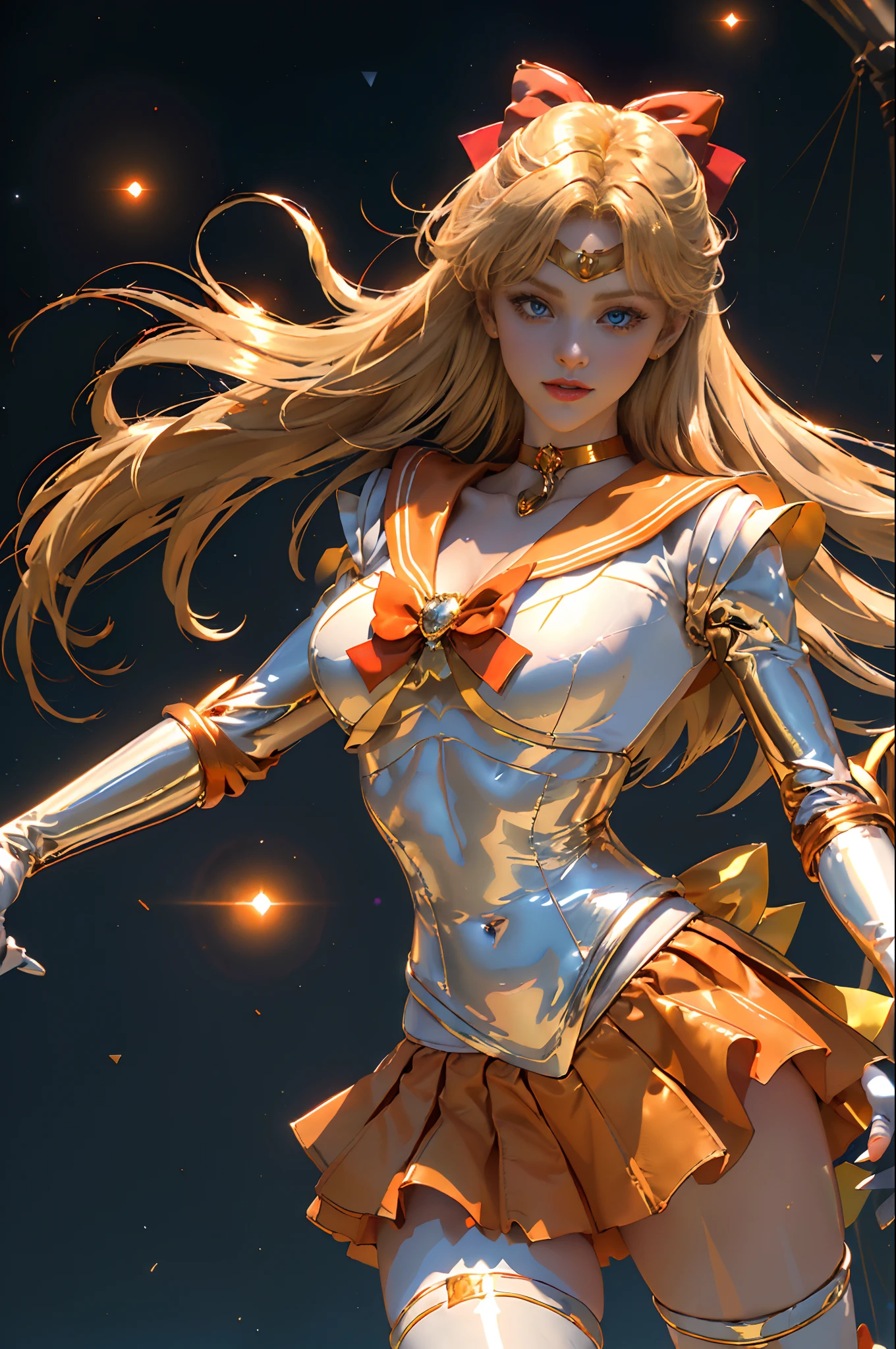 full: 1.3, to stand, masutepiece,.。.3D, Realistic, Ultra-micro photo, of the highest quality, ultra-detailed CG unity 8k Wallpaper, From below, Intricate details, (1 woman), 28 years old,((SV1, Sailor Senshi Uniform, Orange skirt, elbow groves, tiarra, Orange sailor collar, Red bow, orangechoker, White Gloves, Jewelry)),((Luxurious large golden tiara on forehead:1.6, very large dark blue bow in the center of the chest,,:1.6,Shiny Bright Orange Sexy Pleated Ultra Mini Skirt:1.3, dark orange gloves on the elbows,,:1.1,bright dark orange color,saturated bright dark orange sailor color,,,very large red bow on the back of the head,,:1.3)), Incredibly long straight very bright blonde: 1.2, Beautiful straight long blonde hair shiny: 1.2, sailorvenus, Minako Aino,(Sailor Senshi uniform revealed, Bare upper arms: 1.1, Long knee high boots in shiny dark orange enamel、Luxurious gold decoration: 1.2, Long white latex gloves with luxurious gold decoration: 1.3, very large yellow bow behind the waist,,,: 1.1, orangechoker, Cleavage looks sexily boldly big, Orange heart-shaped earrings)),
((Seductive smile, Very pretty face, Face Details: 1.5, Bright blue eyes, Beautiful face, Beautiful eyes, shiny eyes, thin lips: 1.3, thin and sharp pale eyebrows, long dark eyelashes, Double eyelashes)), Luxurious Golden Jewelry, (Very thin and fitting high gloss white holographic leather: 1.3), White Silver High Leg Cut Swimsuit,Luxurious golden chain decoration, ((Fighting stance)), Huge gold wings, thin and muscular muscles, Muscular abs, a small face, Huge breasts, Perfect proportions, thin waist, SEXY Model Pose, Visible Pore, Perfect hands: 1.5, Octane Rendering, highly dramatic picture, Strong natural light, Sunlight, exquisite lighting and shadow, Dynamic angles, DSLR Harp, Focus: 1.0, Maximum clarity and sharpness,Golden Divinity, Golden Man: 1.2, Golden hair, Venus, Moonlight, Moon, dynamic background, Detail Background,(mecha musume)