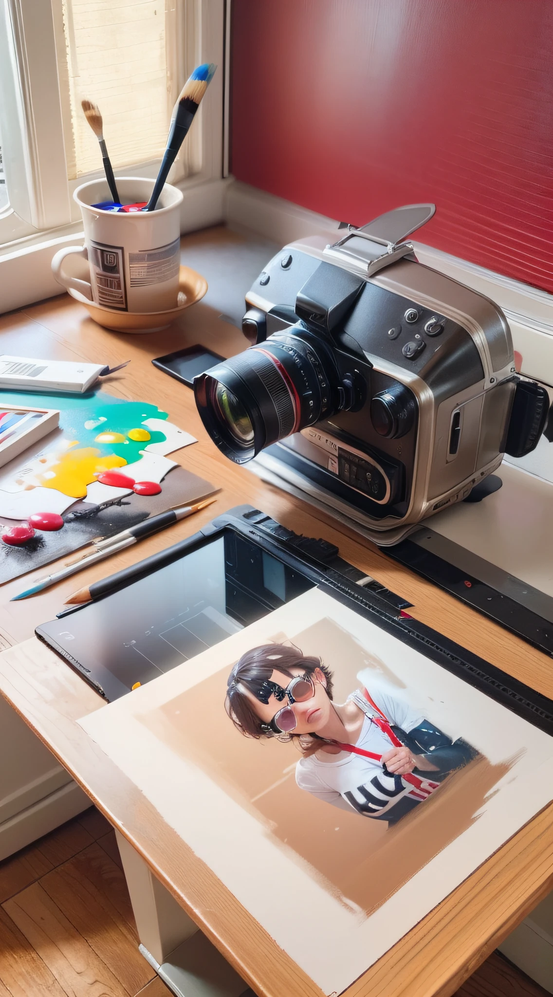 There is a camera on the table,big breasts and big breasts(((Model aircraft))),VR glasses on the table,Room design drawings,There's a lot of paint on it, Detailed painting 4 K, Realistic digital painting, overdetailed art. Digital SLR, high quality digital painting, Realistic camera shooting, photorealism style, in style of photorealism artist, Detailed digital painting, hyperrealism concept art, professional digital painting, photographyrealism, super realistic painting style,There is also an airplane on the table,Measurement tools,On the stool sat a boy wearing VR glasses,Bright colors,Be positive
