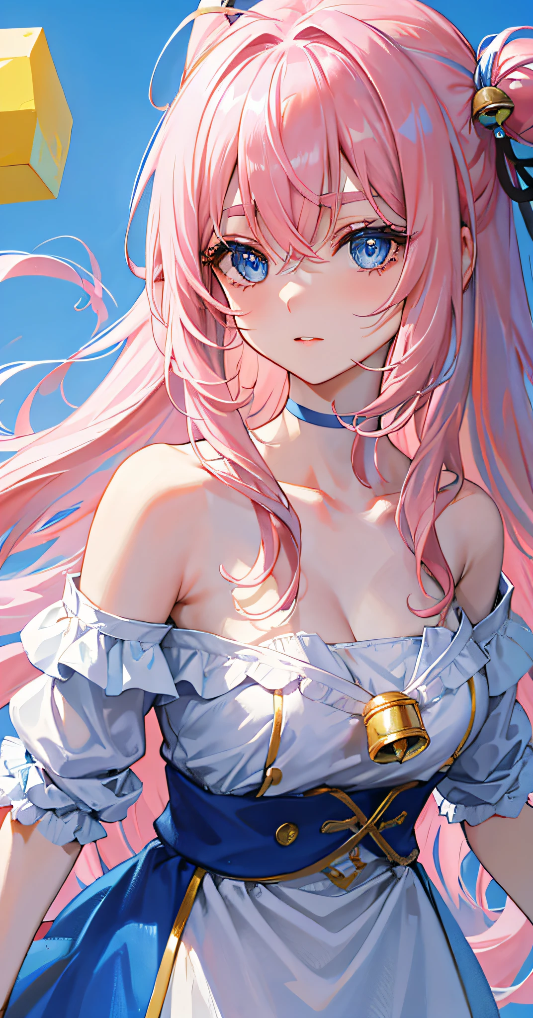 1girl, bangs, blue eyes, collarbone eyebrow svisible through hair, hair between eyes , long hair, pink hair, solo, hair ornament made of a blue cube next to a yellow cube, hair bell, masterpiece, best quality,White gloves