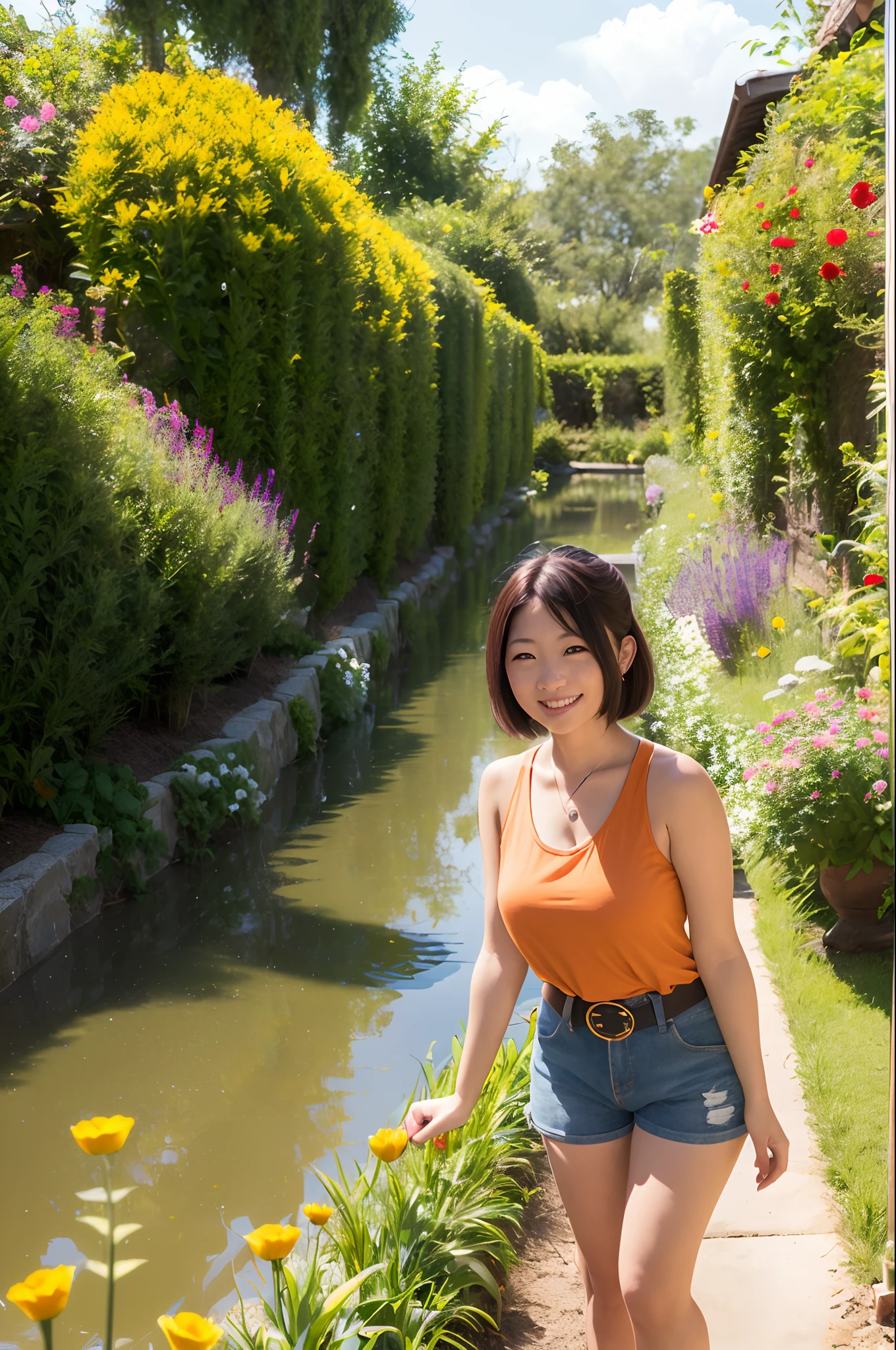(sologirl,Dojo Character.Light brown and orange two-tone shorthair,Floating hair,Ahoge,Unkempt hair,Red cheeks,red lipsticks,Red Eyeliner.Oversized tank top with a loose neck,Oversized shorts.Thin belt,),Bend down and pick flowers,A smile that fascinates the viewer by bending down and looking upwards,(Illuminated by the morning sun,Clean water,Flower garden with a stream flowing,),(masutepiece,top-quality,Ultra-high resolution output image,)