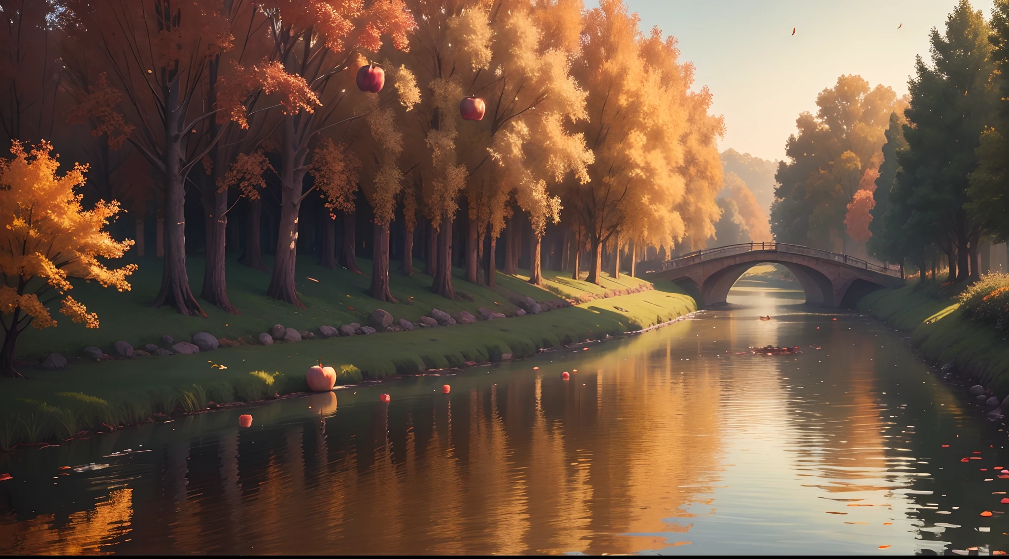 A fruitful autumn，Morning，Beautiful riverbank，Great view 8K, Intricate, Highly detailed, Majestic, Digital photography, Art germinated with the art of Nguyen Jia and Greg Rutkovsky Surrealist painting , (Masterpiece, side-lighting, Beautiful autumn: 1.2), hdr, (Detailed background for the new dimension, plants and flowers:0.7) unlimited, Infinity symbol, There are boats in the river，Fruitful，The trees are covered with apples，（（Many apple trees））