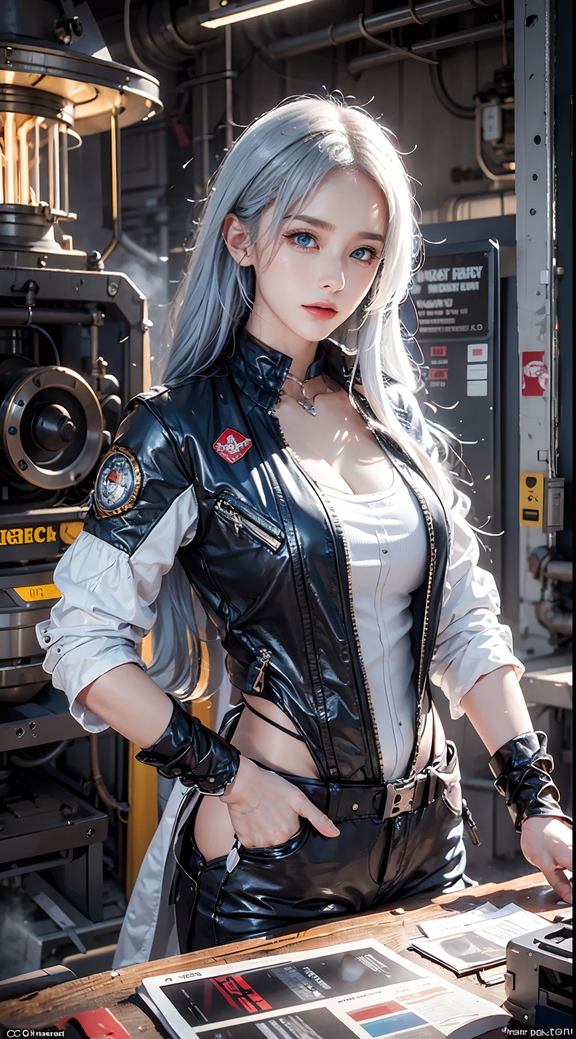 photorealistic, masterpiece, photorealistic, high resolution, soft light, waist up, blue eyes, white hair, long hair, color leather vest with gears, techwear, jetpack, workshop in background, machines, gears, steam, industry, technology, furnace, grime, anvil, buttons, levers, automaton, electricity, electric sparks epic atmosphere