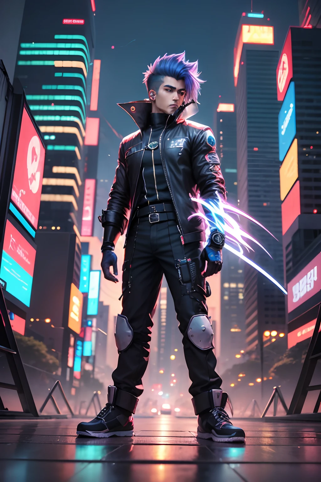 personagem anime,cabelos brancos, masculino, homem, olhos castanhos claros,andando ,cidade cyber punk, Technological, ultra realista, 1.5, noite, luzes dos banners, cidade coreana.
