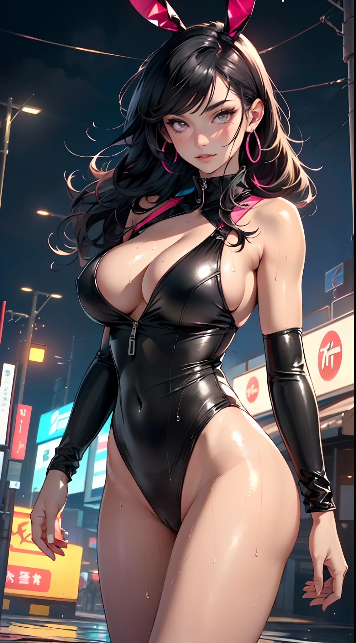 cute bunny girl,(((1girl))),((bunny girl with extremely cute and beautiful black hair)),(((bunny girl,anthro furry cute,bunny-girl))),(((bunny ears,bunny ears on head,big bunny ears))),
(large breasts:1.4),saggy breasts,((((black hair,red hair, two-tone hair),colored inner hair,ear breathing,long hair))),(((neon_pink_eyes1.3))),intricate eyes,beautiful detailed eyes,symmetrical eyes,((fat)),(((lustrous skin:1.5,bright skin: 1.5,skin tanned,shiny skin,very shiny skin,shiny body,plastic glitter skin,exaggerated shiny skin,illuminated skin,wet legs))),(spider lower abdomen,narrow waist,wide hip,athletic body,inflated legs,detailed body,(detailed face)),
cute,slutty,seductive,erotic,(((nsfw))),
zettai ryouiki,((slingshot swimsuit black,wearing a slingshot swimsuit outfit:1.3,swimsuit type spacesuit,black armor swimsuit:1.3)),(((huge cleavage))),((wet clothes,intricate outfit,intricate clothes)),
(dynamic pose:1.0),solo focus,embarrassed,(centered,scale to fit dimensions,Rule of thirds),
cyberpunk city by the ocean at night, with bright neon signs and dark stormy clouds and puddles, scenery:1.25,
highres, sharp focus, (ultra detailed, extremely detailed), (photorealistic artwork:1.37),(extremely detailed CG unity 8k wallpaper),((synthwave background theme)),(((vibrant colors))),(intricate background),(masterpiece),(best quality),