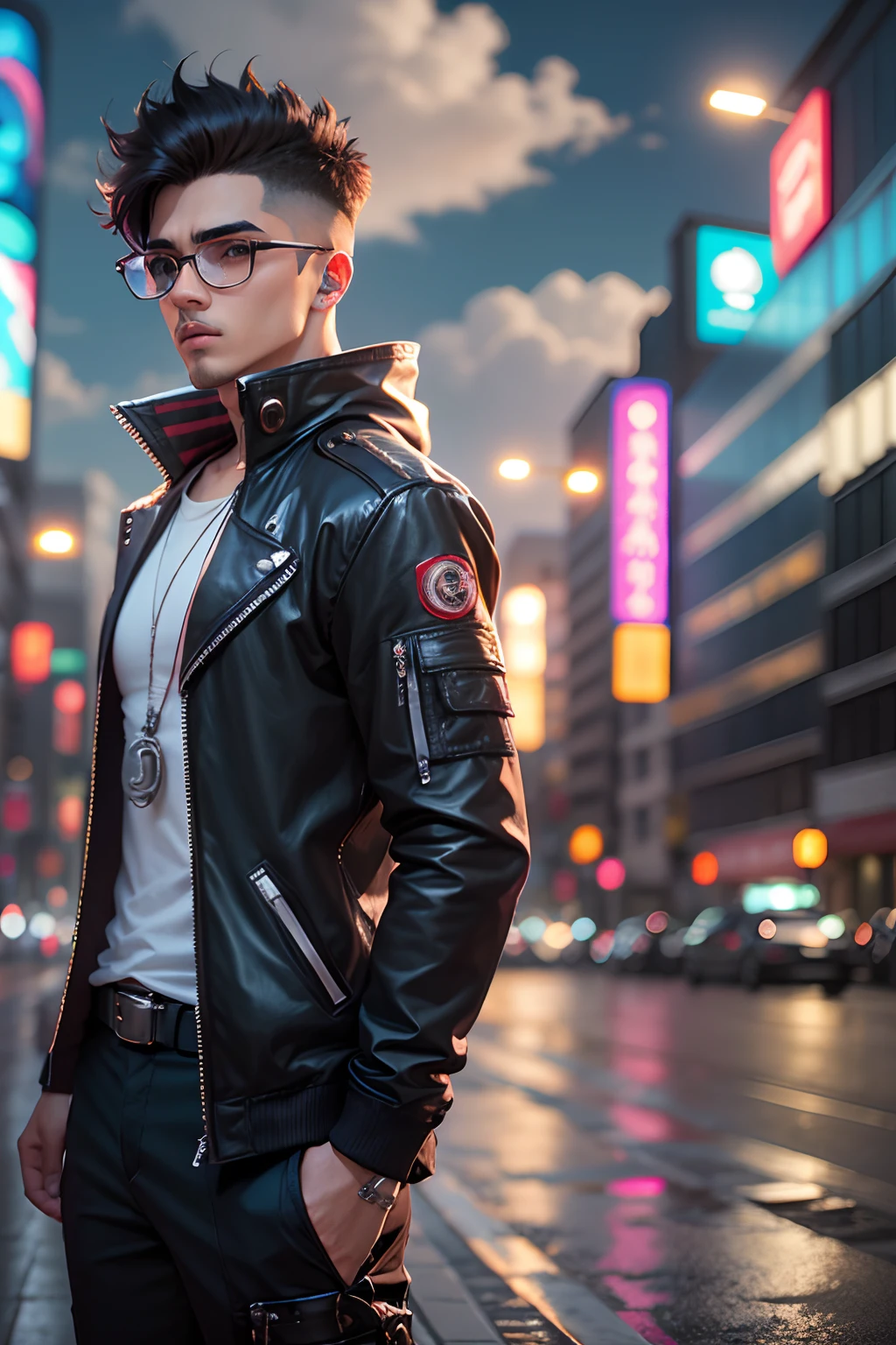 personagem anime,cabelos brancos, masculino, homem, olhos castanhos claros,andando ,cidade cyber punk, Technological, ultra realista, 1.5, noite, luzes dos banners, cidade coreana.