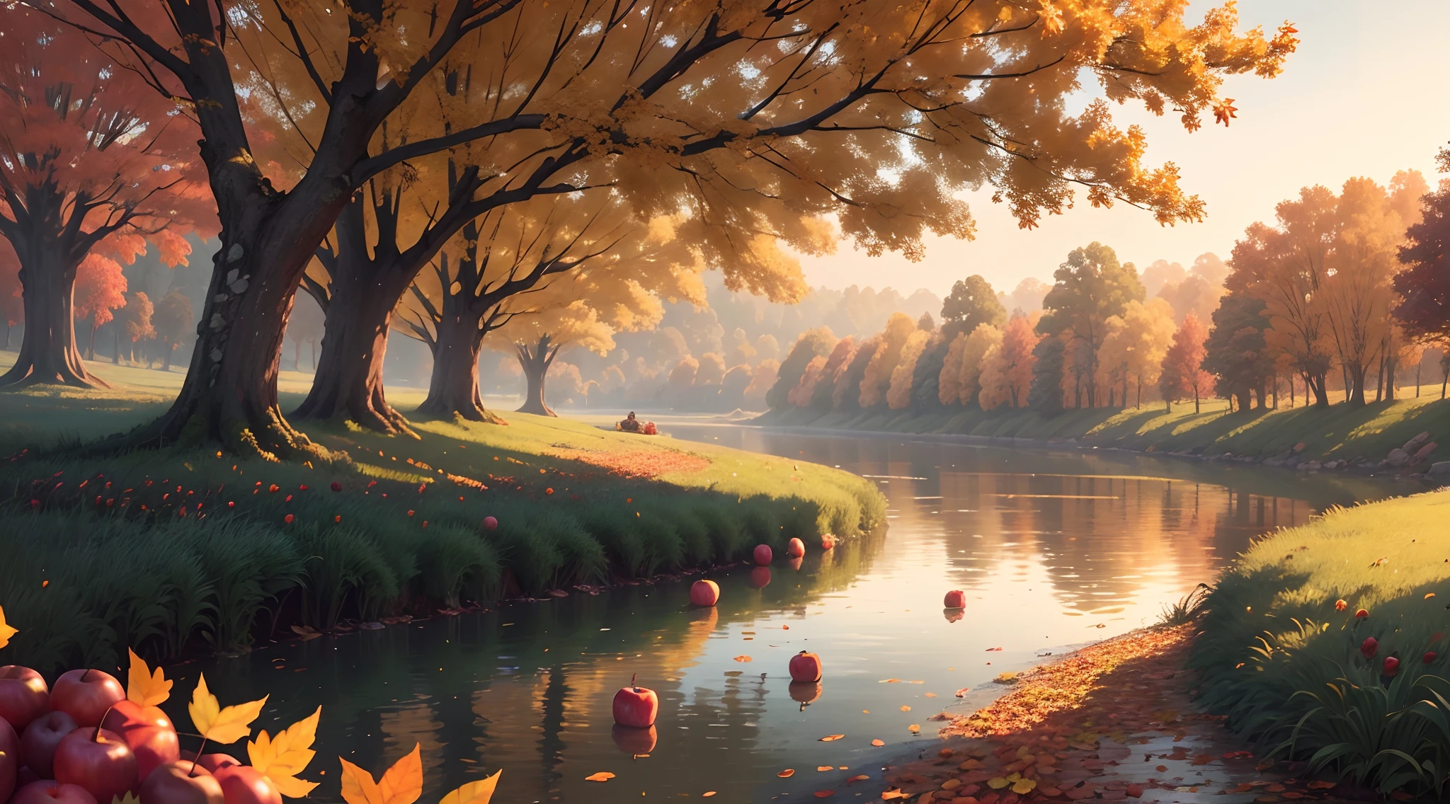 A fruitful autumn,Morning,sunlighting,Beautiful riverbank,Great view 8K, Intricate, Highly detailed, Majestic, Digital photography, Art with the germination of Nguyen Jia and Greg Rutkovsky Surrealist painting , (Masterpiece, side-lighting, Beautiful autumn: 1.2), hdr, (Detailed background for the new dimension, plants and flowers:0.7) unlimited, Infinity symbol, There are boats in the river,Fruitful,The trees are covered with apples,((Many apple trees))Apples are in normal proportions
