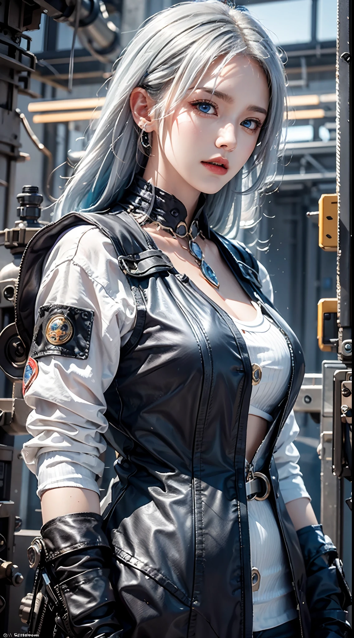 photorealistic, high resolution, 1women, solo, hips up, look at viewer, (detailed face), white hair, long hair, vaultsuit pipboy3000, blue suit