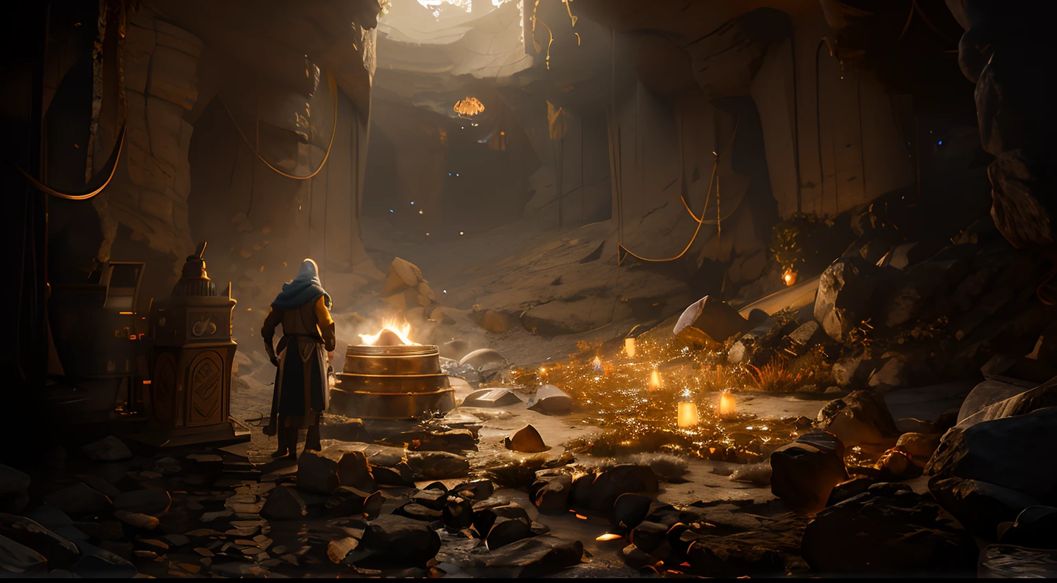 There was a man standing in a cave, elden ring cinematic lighting, There are a lot of gold coin treasures inside，warm lights，unreal engine 5 render dramatic, unreal engine 5 4 k uhd image, Unreal Engine renders concept art, Unreal Engine fantasy art, unreal engine 5 digital art, Unreal Engine 5 lighting, unreal engine 5 render, 8 K high detail concept art, Dramatic lighting. concept-art