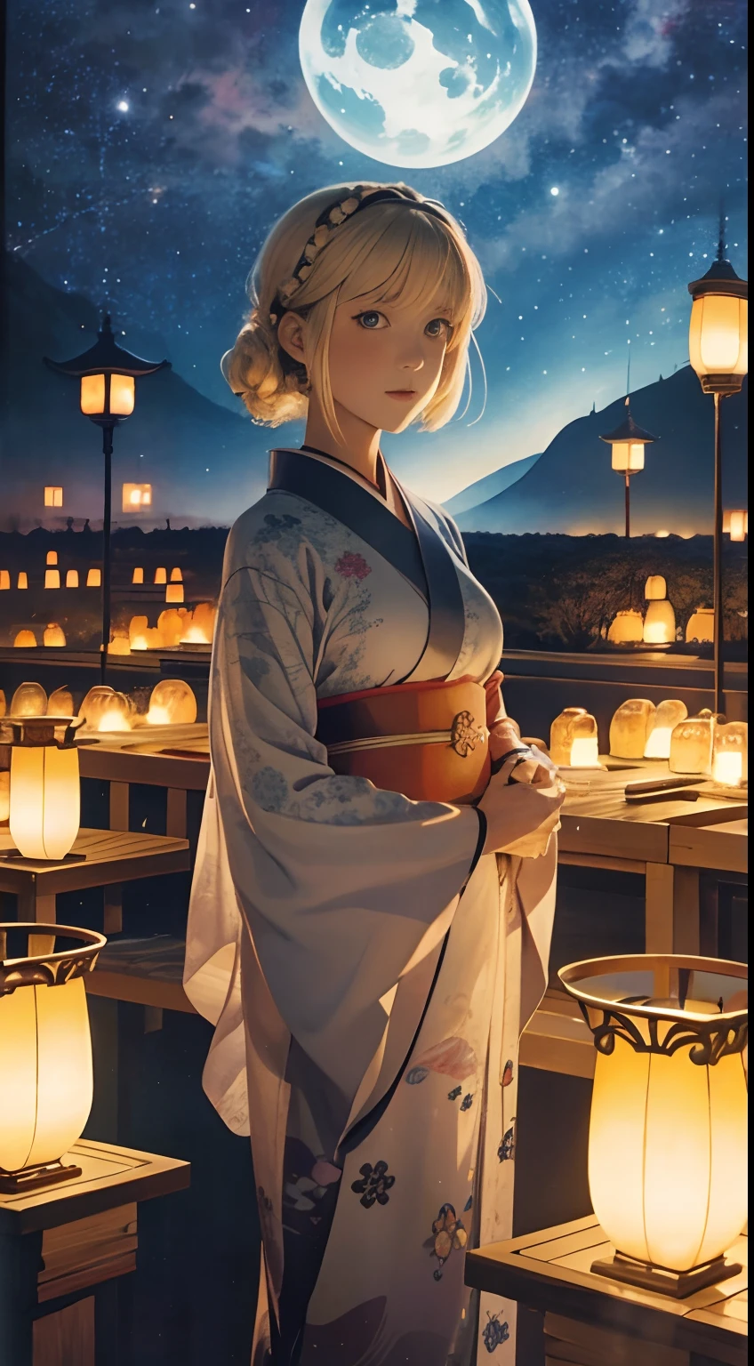 Elsa Beskow, Margaret Tarrant, Japanese Anime Surreal Mysterious Bizarre Sci-fi Fantasy Fantasy Stalls Festival Lanterns Beautiful Kimono girl Galactic Sky School of Goldfish Swimming in the Air Bird's Eye View, hyperdetailed high resolution high definition high quality masterpiece