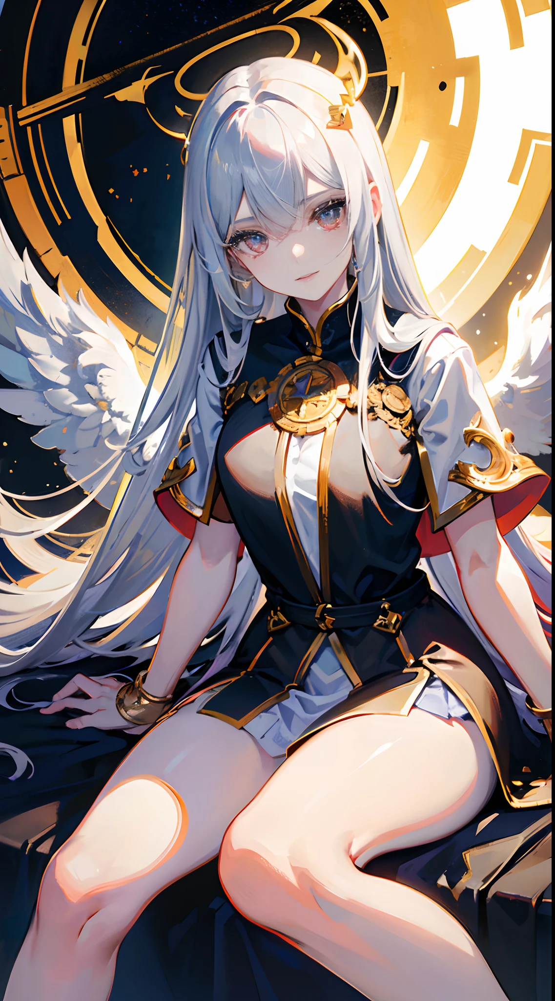 Full-body, silver-haired young girl, golden eyes, angelic body, and white armor with a mini skirt, wield a spear, wear a cloak and golden crown, sitting on the throne of golden sun, white wings, heavenly sun, and dawn background scene, the magic circle with diamond star, brave smile, stable diffusion v5, anime style v3, lora style v5, dynamic, image enhance, dream shape, vibrant, realistic face, 8k quality, upscale, sharp focus.