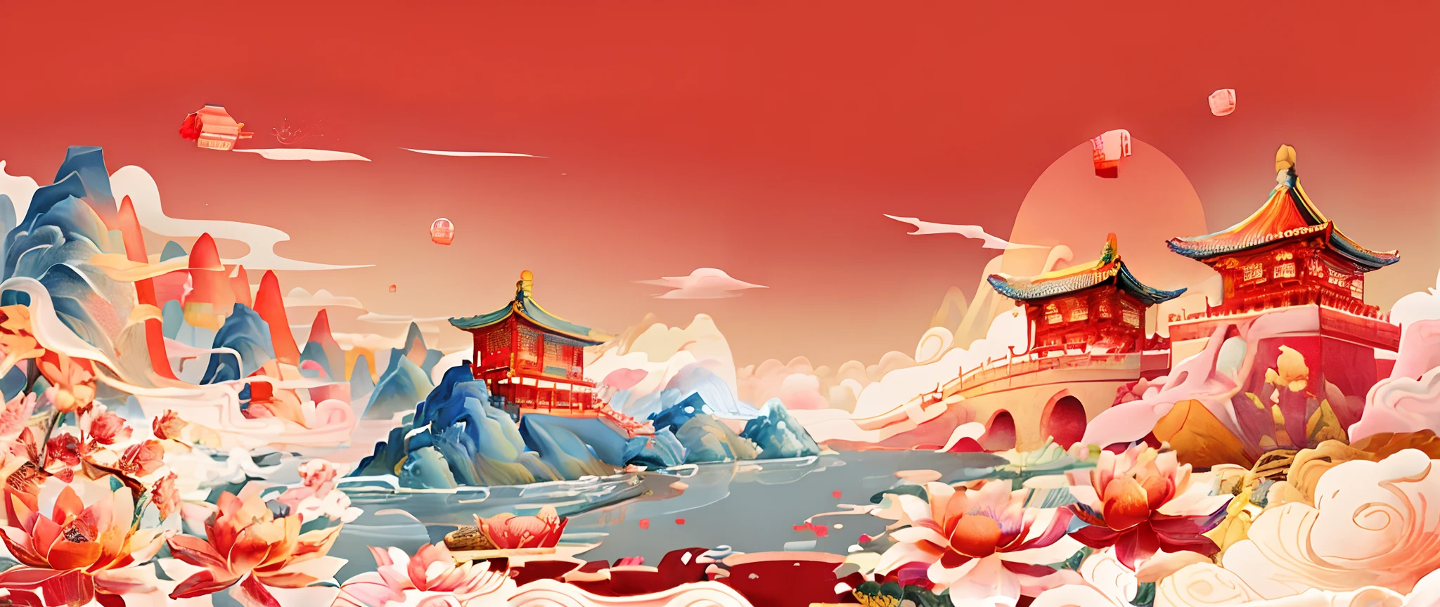 There is a picture of a Chinese landscape with a red sky, dreamland of chinese, Chinese style painting, Chinese tradition, Chinese landscape, background depicting a temple, beijing, Chinese watercolor style, Traditional Chinese art, Inspired by Yang Buzhi, A beautiful artwork illustration, Temple background, ancient china art style, the great wall, oriental wallpaper, fairy tale style background