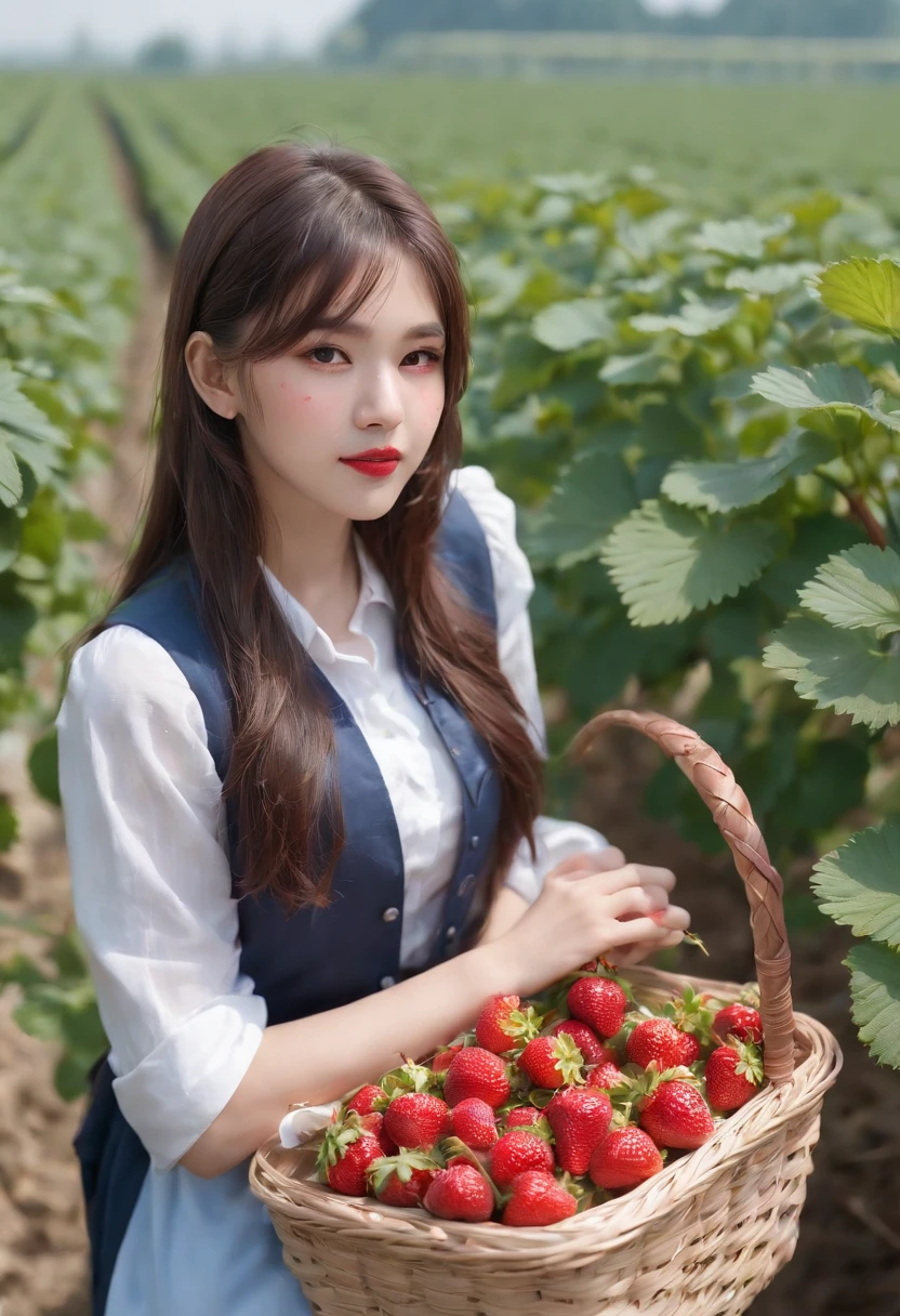 best quality, ultra high res, (1 girl:1.4), solo,(upper body:1.2), (photorealistic:1.4), (pretty teengirl:1.2),big breasts,balck long hair, parted bangs,air bangs, red lips,light_smile,(shot hair), wet, messy_blue hair, stick out,(school uniform:1.4),white shirt with blue collar, blue shorts,(looking at viewer:1.4),(a basket on her forearm:1.4),(picking strawberries:1.4), (strawberry farm:1.4), (rows of plants:1.4), (red berries:1.4), green leaves, sunshine, (baskets:1.2), picking,(pureerosface_v1:0.5)
