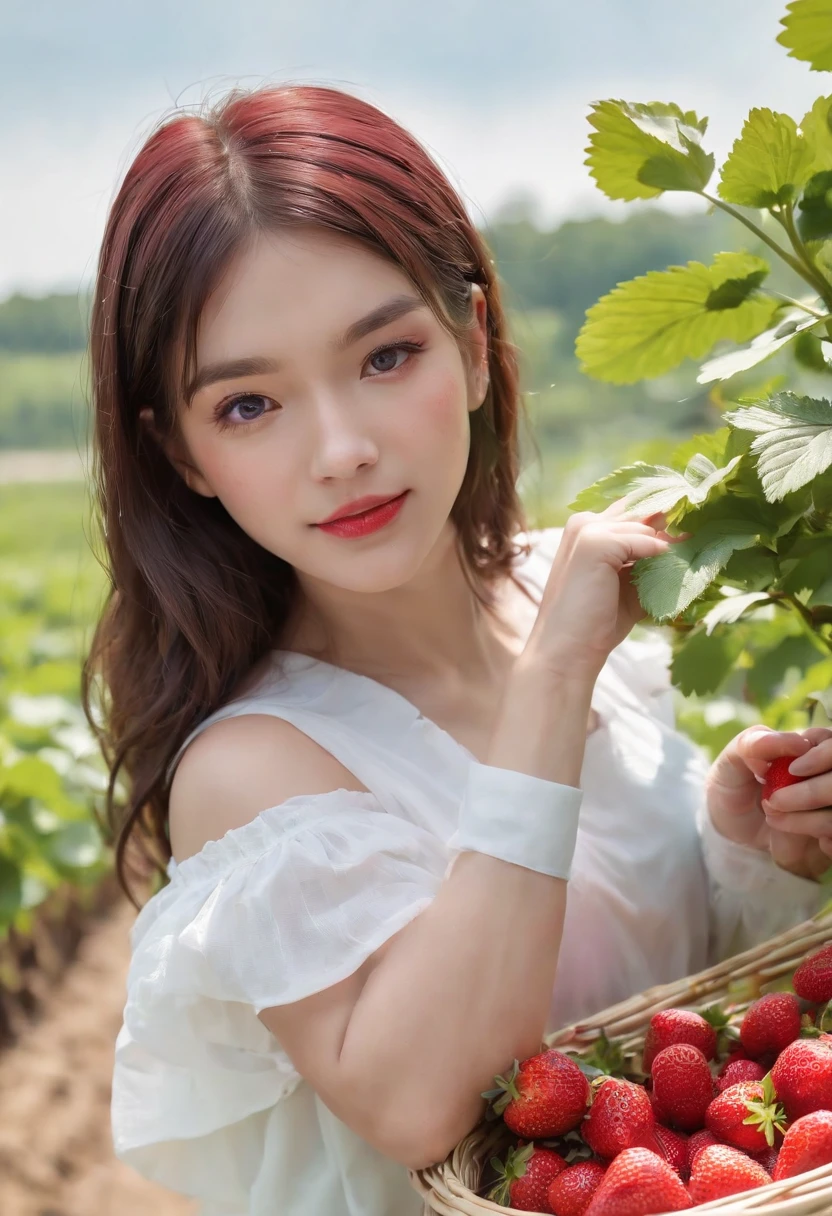 best quality, ultra high res, (1 girl:1.4), solo,(upper body:1.2),  (photorealistic:1.4), (pretty teengirl:1.2),big breasts,balck long hair, parted bangs,air bangs, red lips,light_smile,(shot hair), wet, messy_blue hair, stick out,(school uniform:1.4),white shirt with blue collar, blue shorts,(looking at viewer:1.4),(a basket on her forearm:1.4),(picking strawberries:1.4), (strawberry farm:1.4), (rows of plants:1.4), (red berries:1.4), green leaves, sunshine, (baskets:1.2), picking,(pureerosface_v1:0.5)