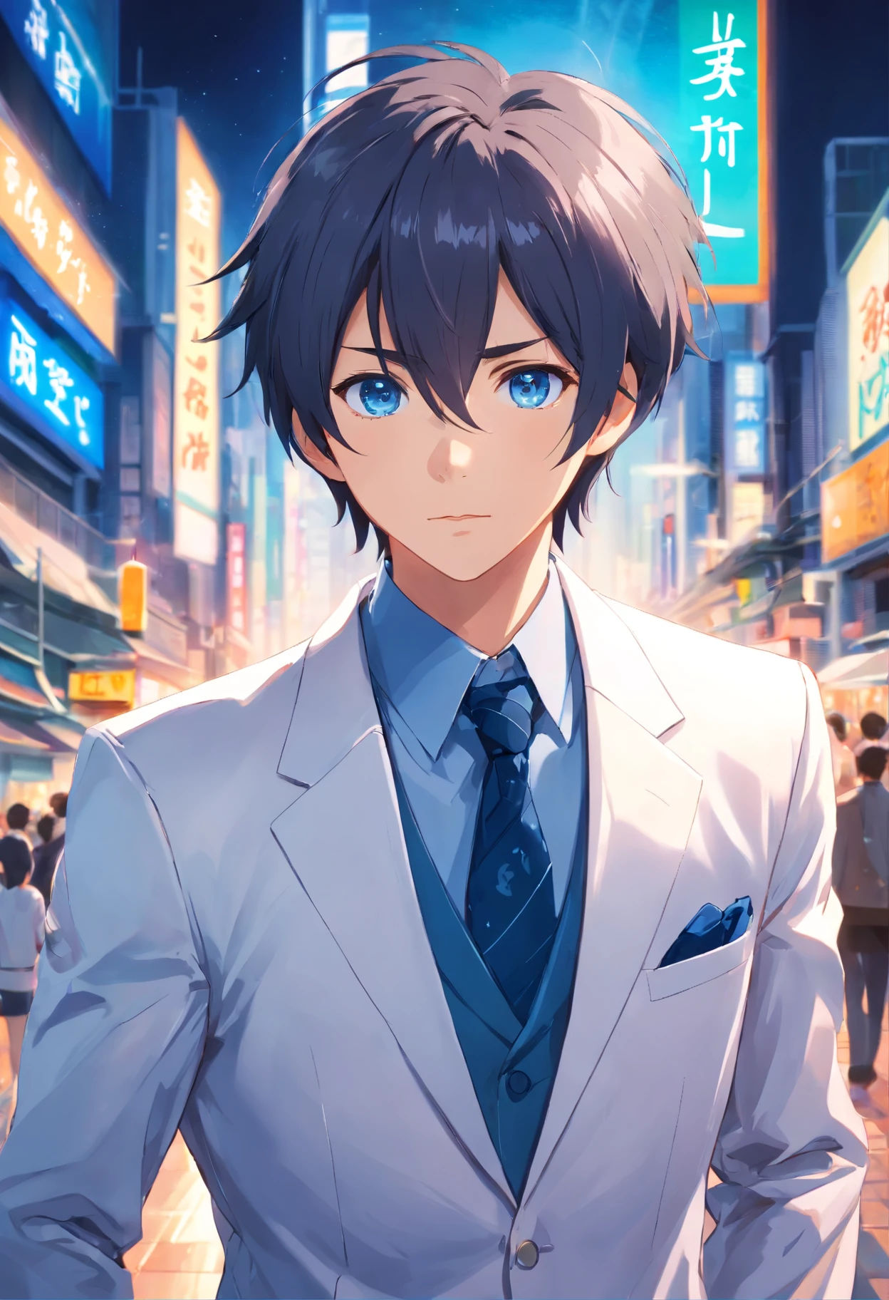 (A high resolution,Masterpiece:1.2),A man with short gray hair, (Dark blue eyes),(imposing presence),(Wearing a white suit), (Detailed facial and facial features), (Sharp focus), (Realistic lighting), (Vivid colors),(Photorealistic),(Portrait),(Mature and noble appearance。)