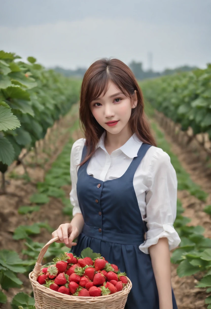 best quality, ultra high res, (1 girl:1.4), solo,(upper body:1.2),  (photorealistic:1.4), (pretty teengirl:1.2),big breasts,balck long hair, parted bangs,air bangs, red lips,light_smile,(shot hair), wet, messy_blue hair, stick out,(school uniform:1.4),white shirt with blue collar, blue shorts,(looking at viewer:1.4),(a basket on her forearm:1.4),(picking strawberries:1.4), (strawberry farm:1.4), (rows of plants:1.4), (red berries:1.4), green leaves, sunshine, (baskets:1.2), picking,(pureerosface_v1:0.5)