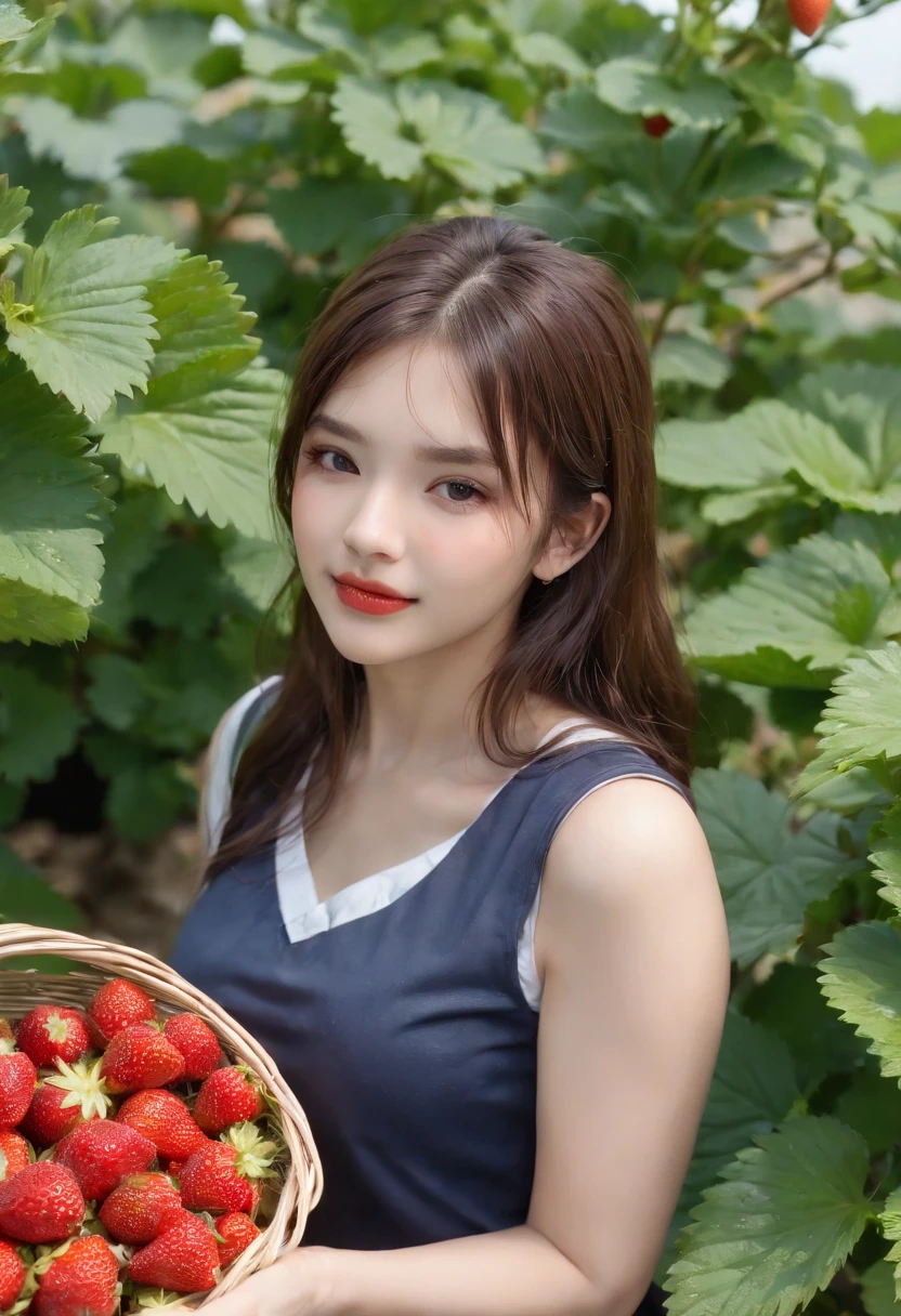 best quality, ultra high res, (1 girl:1.4), solo,(upper body:1.2),  (photorealistic:1.4), (pretty teengirl:1.2),big breasts,balck long hair, parted bangs,air bangs, red lips,light_smile,(shot hair), wet, messy_blue hair, stick out,(school uniform:1.4),white shirt with blue collar, blue shorts,(looking at viewer:1.4),(a basket on her forearm:1.4),(picking strawberries:1.4), (strawberry farm:1.4), (rows of plants:1.4), (red berries:1.4), green leaves, sunshine, (baskets:1.2), picking,(pureerosface_v1:0.5)