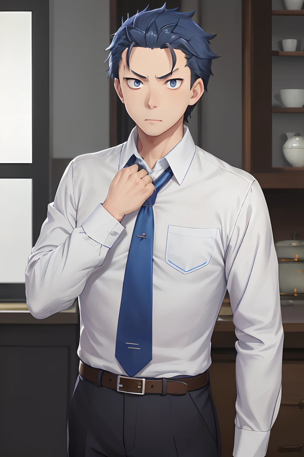 (1 Adult male),A high resolution, Sharp focus, Pixiv masterpiece, ((Complicated details)), highly detailed, natsuki_subaru, 1 man, Lazy,exhaustion,full bodyesbian,Stretch out, Blue eyes(glowing light eyes), with short white hair,white shirt,Wear a tie,Wear a belt,perspire,look from down