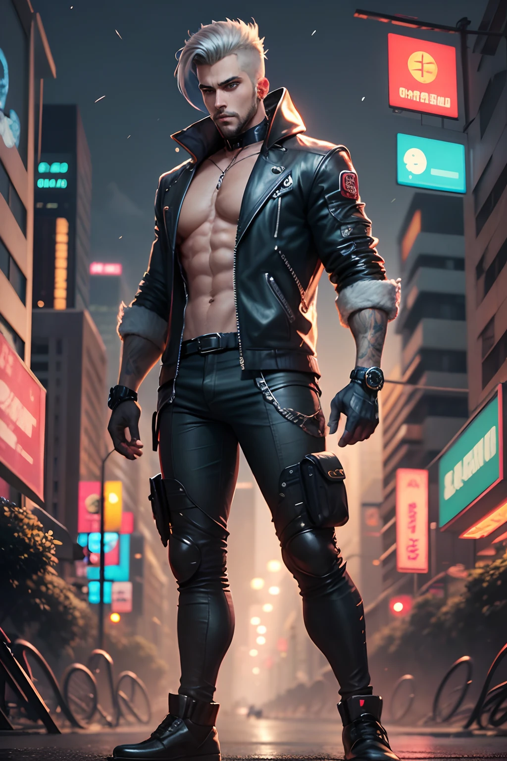 muscular man,(((1man))),((anime man muscular walking down the street)),

(((1male,man,handsome man,male,male gender,male focus))),

((short black hair)),(((lustrous skin:1.5,tanned skin,bright skin: 1.5,skin tanned,shiny skin,very shiny skin,shiny body))),((detailed eyes,perfect eyes,rainbow glows ultra-detailed orange brown eyes:1.1,gradient eyes:1,finely detailed beautiful eyes:1,symmetrical eyes:1,big highlight on eyes:1.2,exaggerated muscles, exaggerated shoulders, very muscular and huge)),man chest,handsome face,((muscular,hairy body,muscular man,tall,big biceps,abs,big thighs,broad shoulders,open chest)),((hand consists of a short thumb and four fingers,a hand with only five fingers,reference to the hand)),

alluring look,nsfw,

(((bare chest, shirtless))),motorcyclist pants,((bulge in pants)),((motorcyclist outfit)),(wearing a motorcyclist outfit:1.3,motorcyclist clothes),(detailed outfit,detailed clothes),

(dynamic pose:1.0),solo focus,((evil smile,evil look)),centered,scale to fit dimensions,Rule of thirds,

outdoors, ((night view)), (cyberpunk night street Background: 1.5,dark sky,alleyway,lonely alley,thick clouds, detailed background:1.25),

(best quality), (high resolution), (sharp focus), (ultra detailed), (extremely detailed), (extremely high quality artwork), 8k_wallpaper, (extremely detailed CG 8k),(very fine 8K CG), ((hyper super ultra detailed perfect piece)), flawless, (((masterpiece))), illustration, vibrant colors,  (intricate), High contrast, Selective lighting, Double exposure, HDR (High Dynamic Range), Post-processing, Background blur,