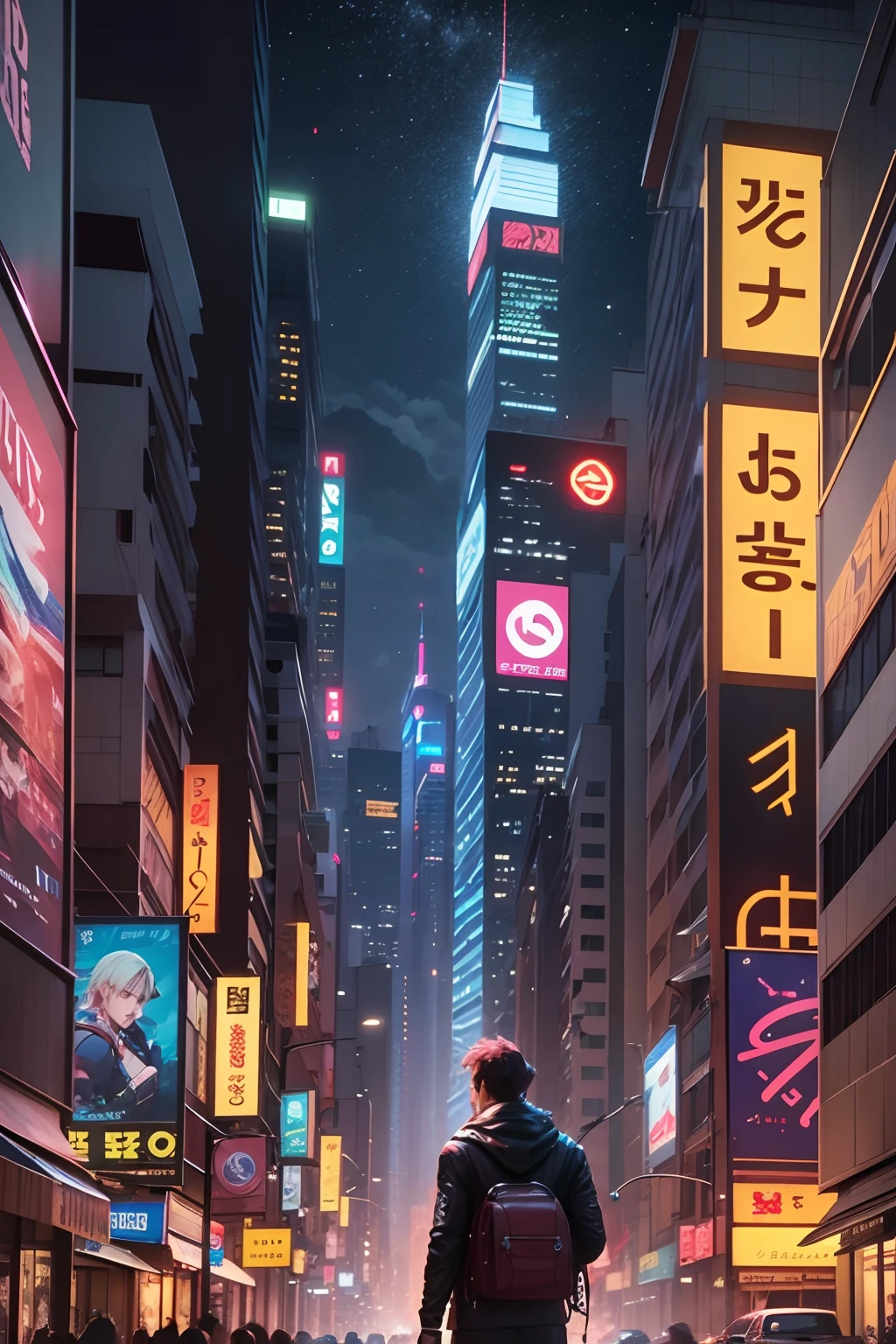 personagem anime,cabelos brancos, masculino, homem, olhos castanhos claros,andando ,cidade cyber punk, Technological, ultra realista, 1.5, noite, luzes dos banners, cidade coreana.