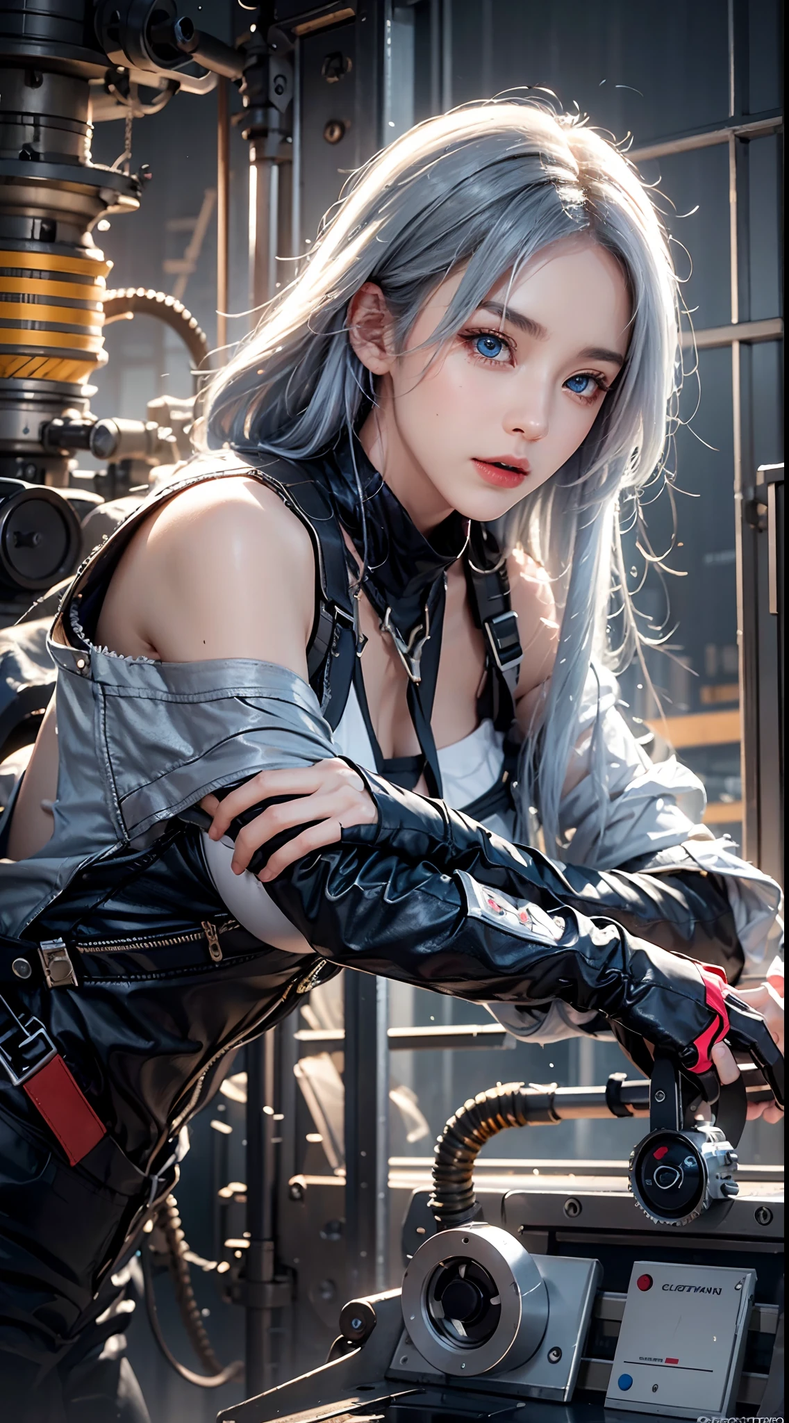 photorealistic, masterpiece, photorealistic, high resolution, soft light, waist up, blue eyes, white hair, long hair, color leather vest with gears, techwear, jetpack, workshop in background, machines, gears, steam, industry, technology, furnace, grime, anvil, buttons, levers, automaton, electricity, electric sparks epic atmosphere