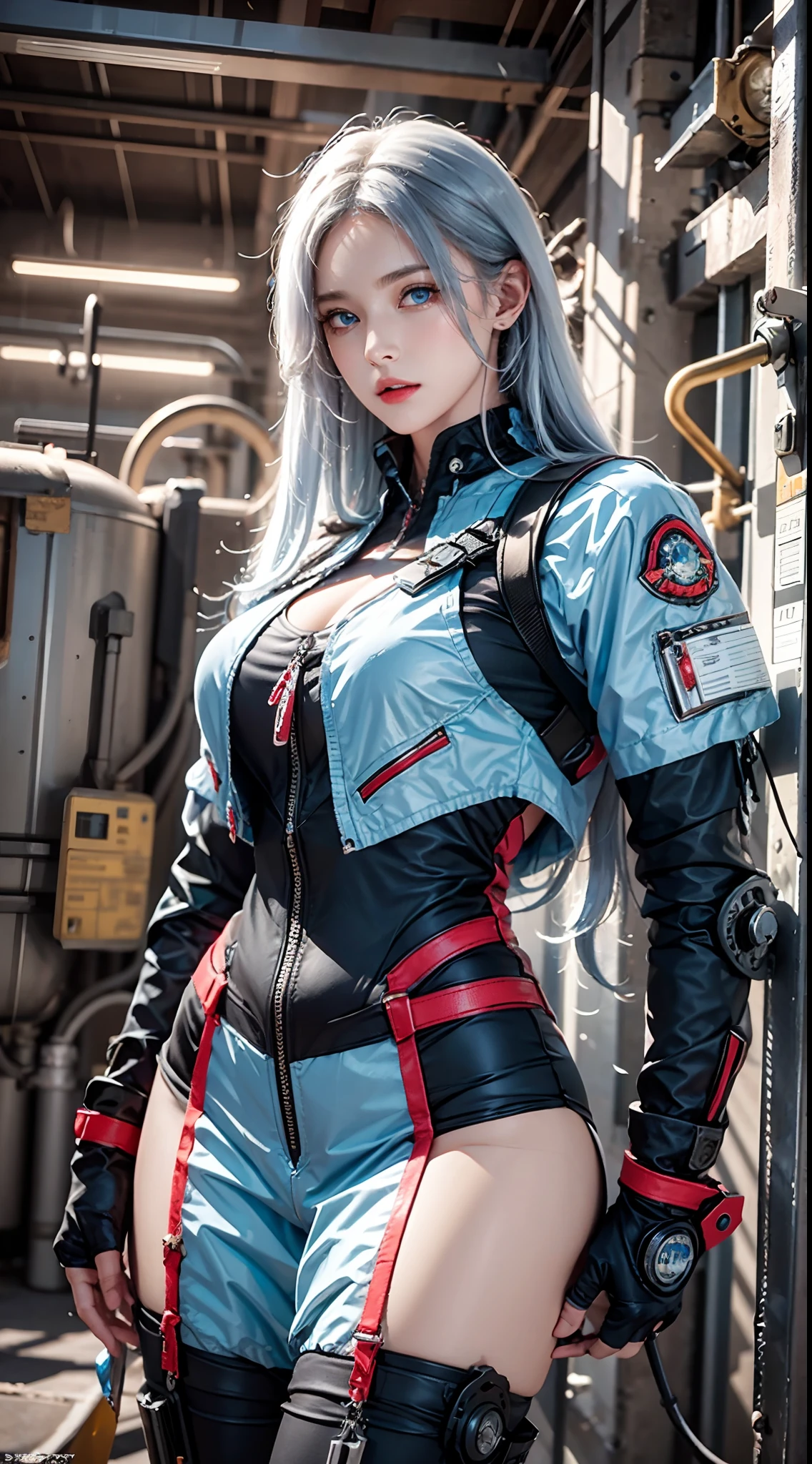 photorealistic, masterpiece, photorealistic, high resolution, soft light, waist up, blue eyes, white hair, long hair, color leather vest with gears, techwear, jetpack, workshop in background, machines, gears, steam, industry, technology, furnace, grime, anvil, buttons, levers, automaton, electricity, electric sparks epic atmosphere