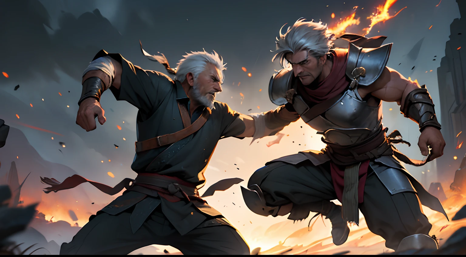 (battle,duel,warrior:1.2),(elderly,old,experienced,wise:1.1) warrior,(young,newbie,inexperienced:0.9) warrior,fierce,fighter,confident,strong,skilled,brave,challenge,confrontation,(intense,high-stakes:1.1) combat,(dramatic,heroic,epic:1.2) scene,ancient,traditional,swordfight,showdown,clash,fire,spark,fierce rivalry,(majestic,imposing:1.1) elder warrior with gray hair and (wrinkled weathered:1.1) face,(vigorous,energetic:1.ung warrior with determination in his eyes,(tense,serious:1.1) expression,(brightly lit:1.1) battlefield,nighttime,silhouettes,moonlight,rays of light,breathtaking colors,vivid,dynamic,grandiose composition,artistically rendered,oil painting-like,masterpiece:1.2.