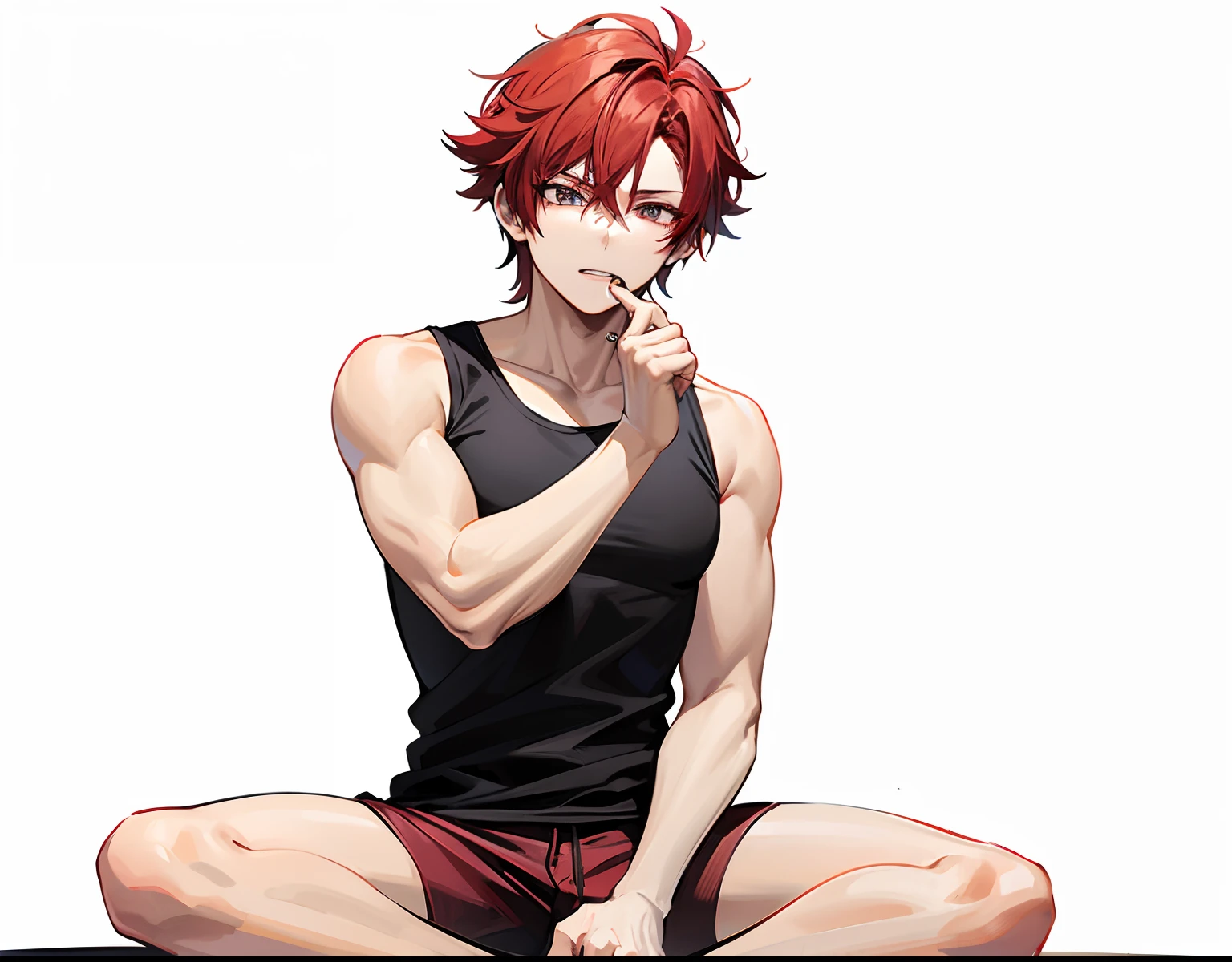 Red haired anime boy sitting on floor with legs crossed, Anime Boy, anime style character, garments:Black tank top, Boy in shorts, In anime style, anime styled」, Anime style, Muscular men, Knight of Zodiac Boy, With red hair, In an anime style, masculine and muscular, Bare arms, Bare shoulders,