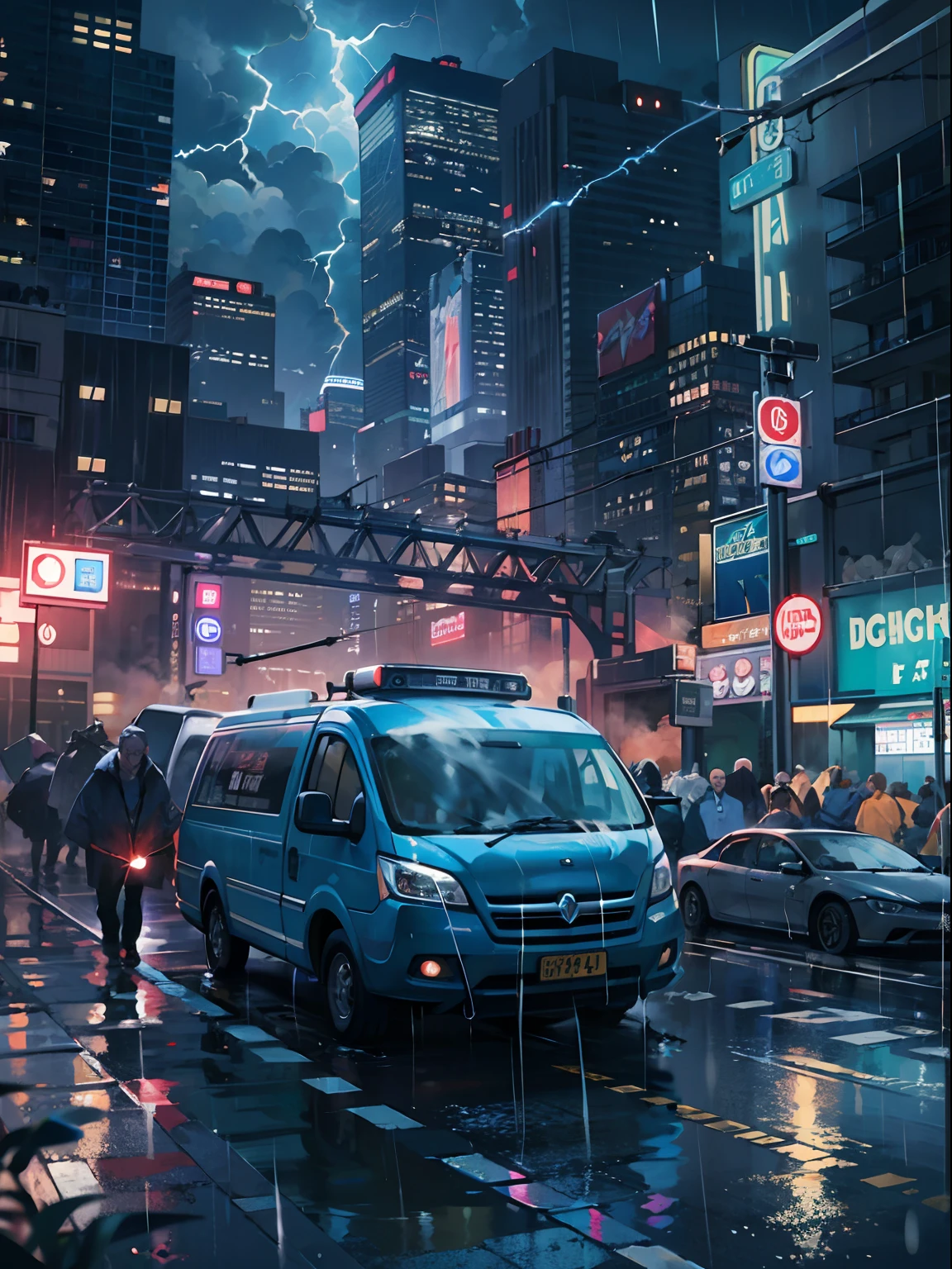 1boy,a 13 yo boy、Wet body、Cyberpunk Boy、The beginning of the adventure、(drenching:2)、(Lightning:1.5)、Lots of clouds,heavy fog、Fog,Chaotic city of the future、Movie dystopia、A group of very tall skyscrapers stands in the center、Very complex cityscape,Crowded Chinese skyscrapers、street signs、streetlights、taxis、buses、Train、Blue lighting,Dark road、Lots of puddles、Chaotic、Beautiful and fantastic scenery、Cinematic scenery、hightquality、masutepiece,in 8K、hight resolution、