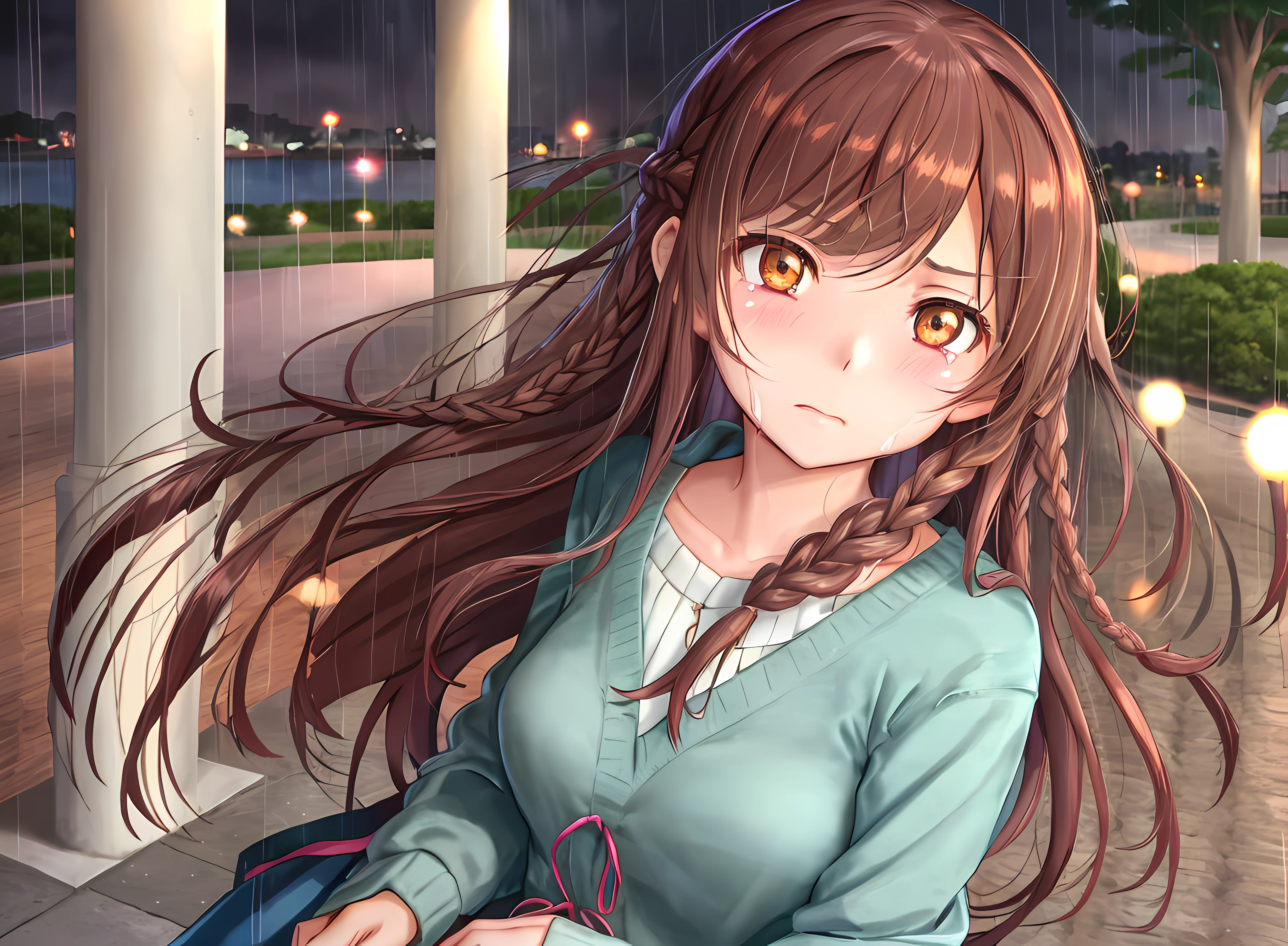 young woman with long hair staring at camera, luminous sad eyes, but a stern look about her, Chizuru Mizuhara, Chizuru was about to cry, the background is the park, at the park, it's a rainy night, night time, night lights, rain, sad, vulnerability, she opens her heart to him, casual clothes, close up, braided hair, face to face, looking into my eyes, 21 year old female